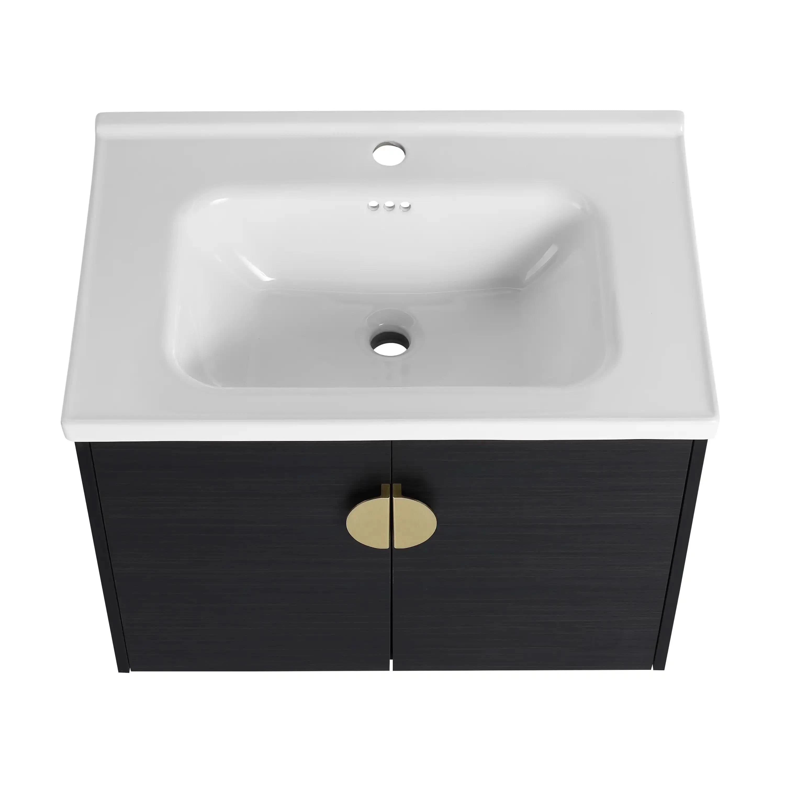Top view of the 28" bathroom vanity with soft close doors, sink in black chestnut finish.