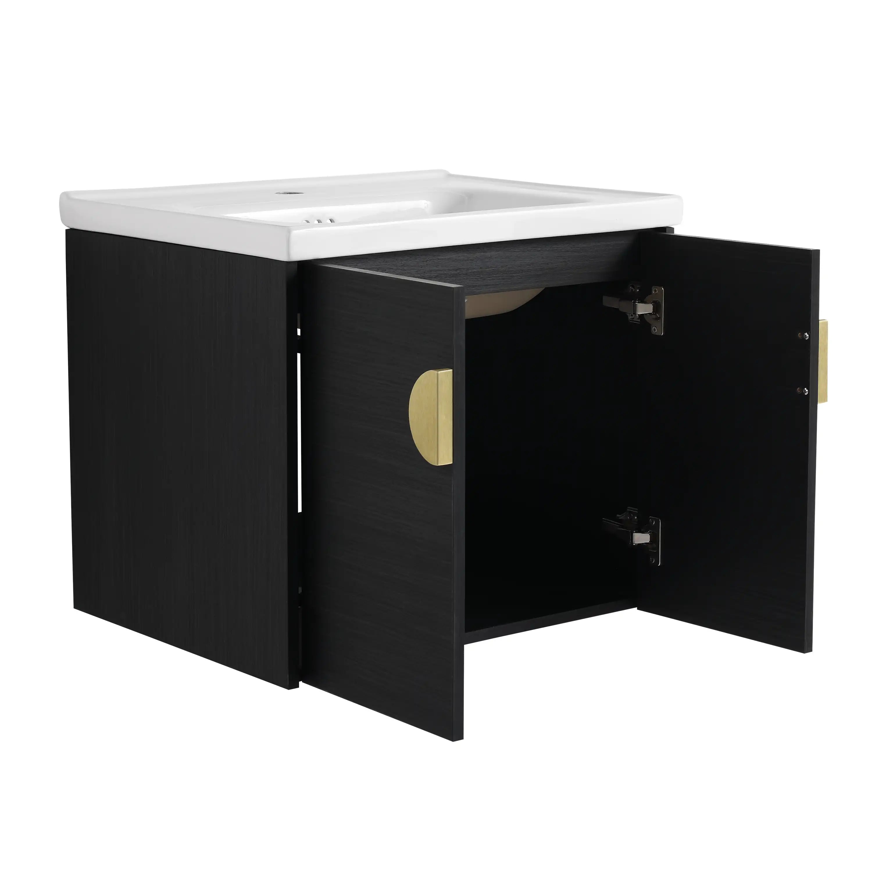 24 inch small bathroom vanity with open cabinet doors showing interior storage space.