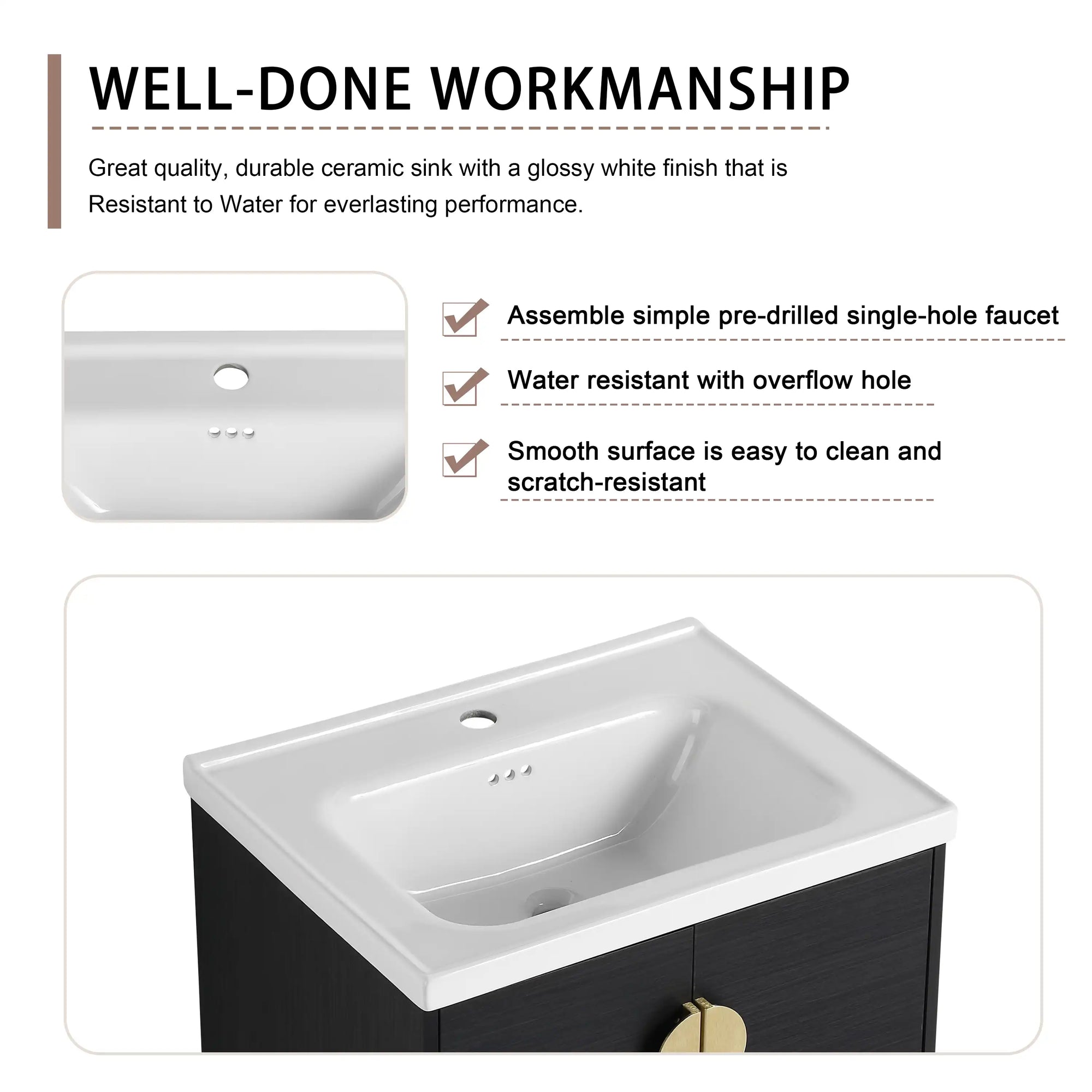 24 inch small corner vanity bathroom ceramic sink showing water-resistant and scratch-resistant surface | Ace Decor