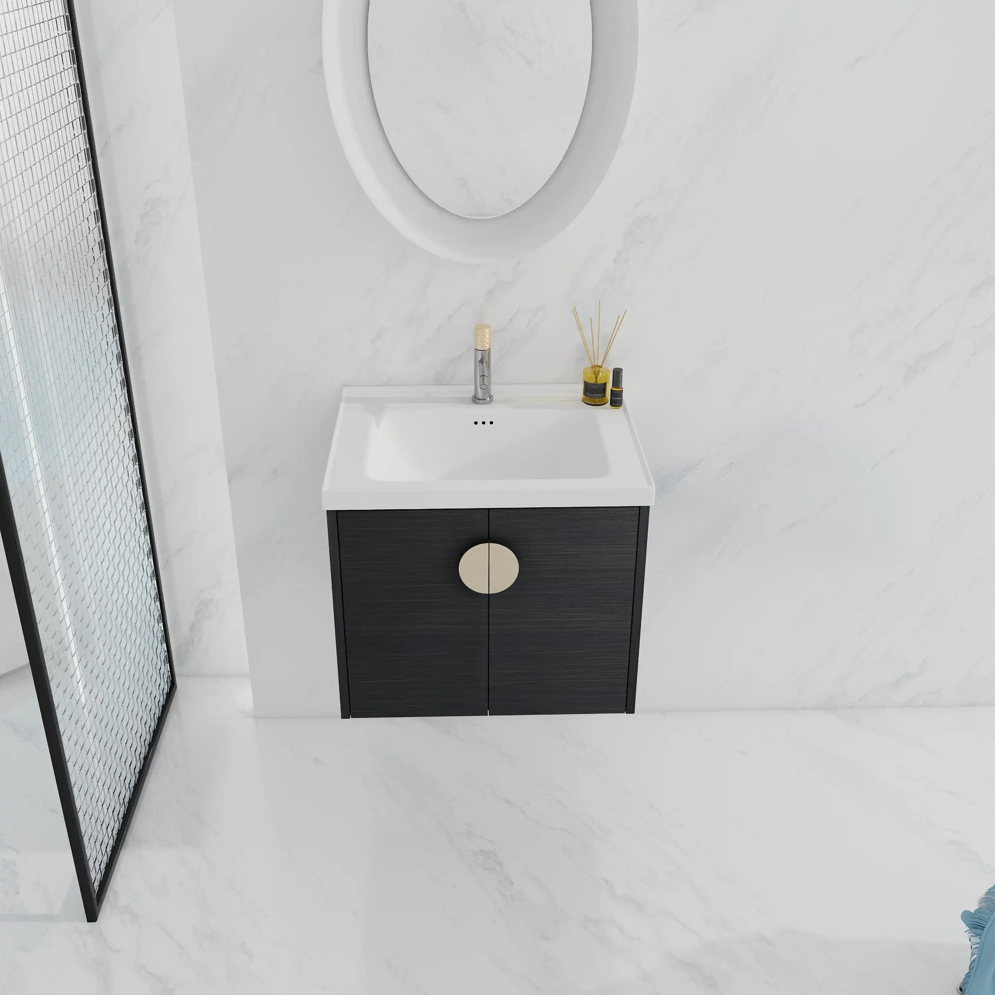24 inch small corner vanity bathroom wall-mounted setup in modern marble bathroom | Ace Decor