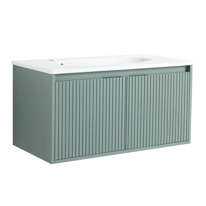 36" Saga Green Floating Bathroom Vanity with Drop-Shaped Sink & Grille Cabinet Doors