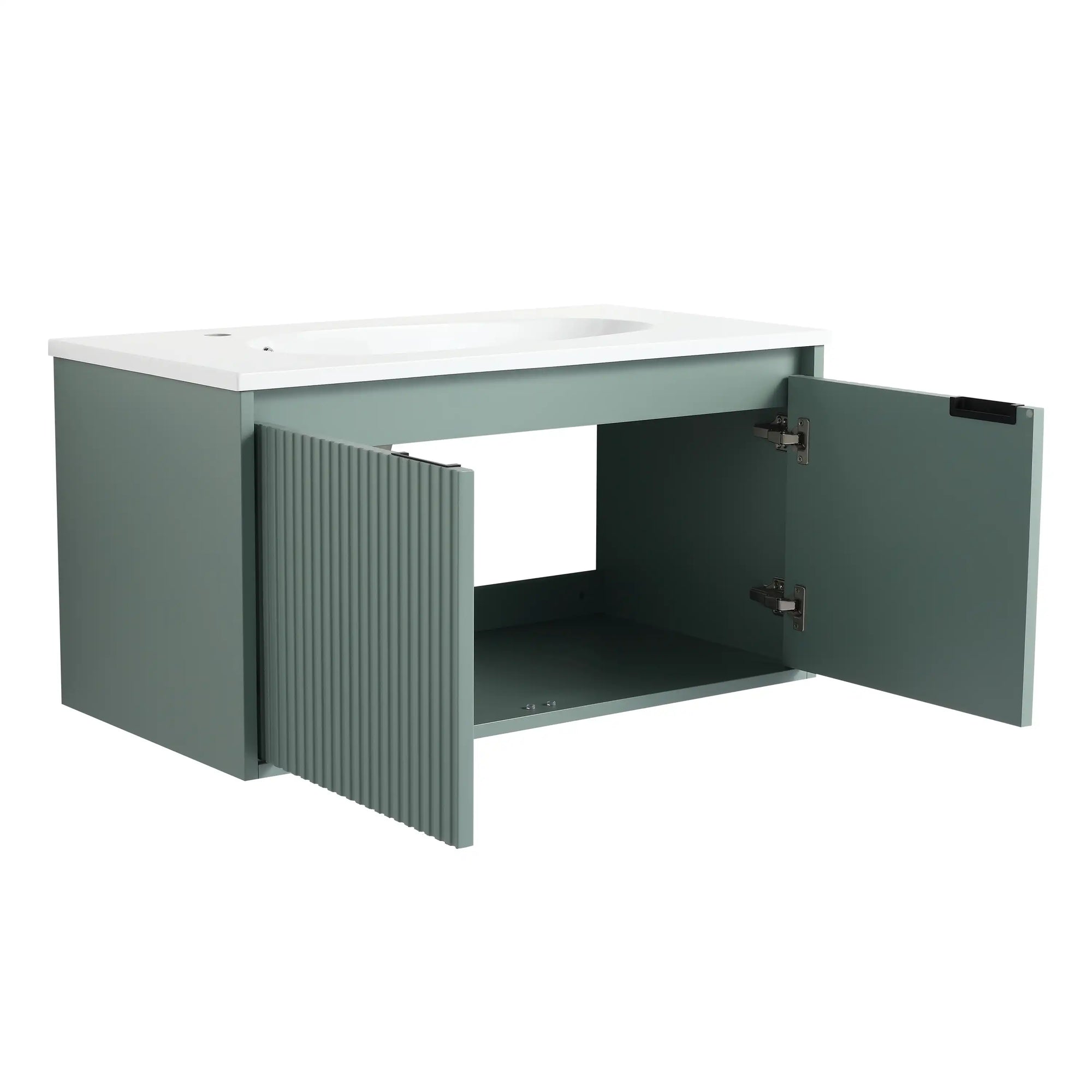 36" sage green floating vanity bathroom 36 inch with open cabinet doors | Ace Decor