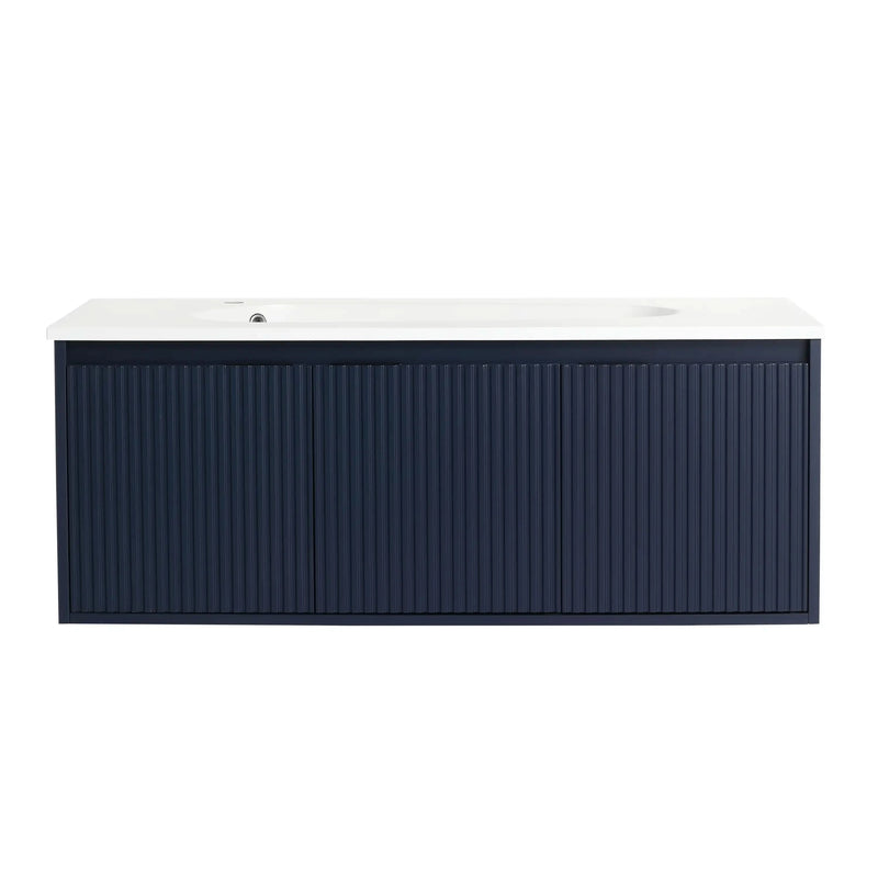 48" Navy Blue Floating Bathroom Vanity with Drop-Shaped Sink & Grille Cabinet Doors