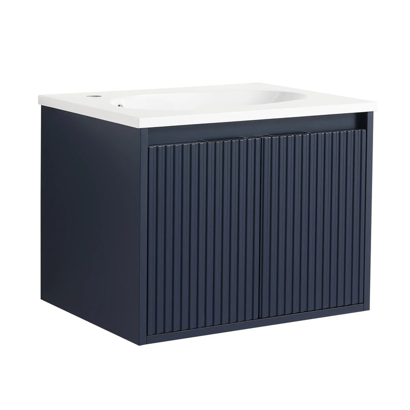 24"–48" Navy Blue Floating Bathroom Vanity with Drop-Shaped Sink & Grille Cabinet Doors