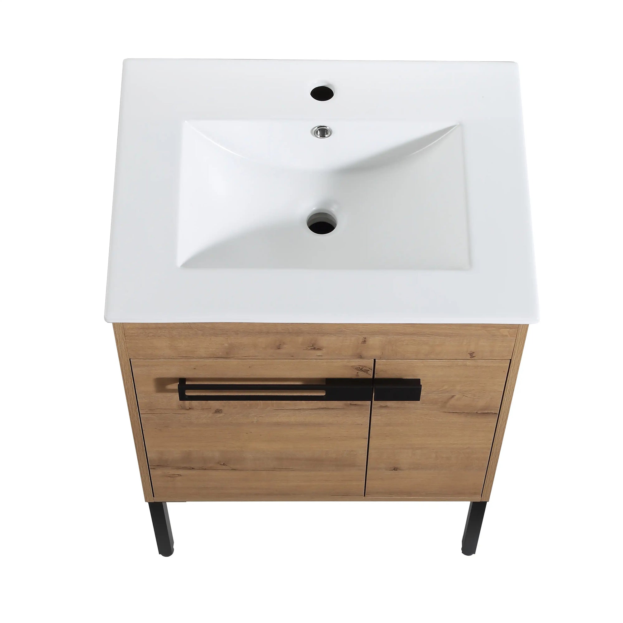 24" freestanding bathroom vanity with sink featuring integrated ceramic basin and matte black handle | Ace Decor