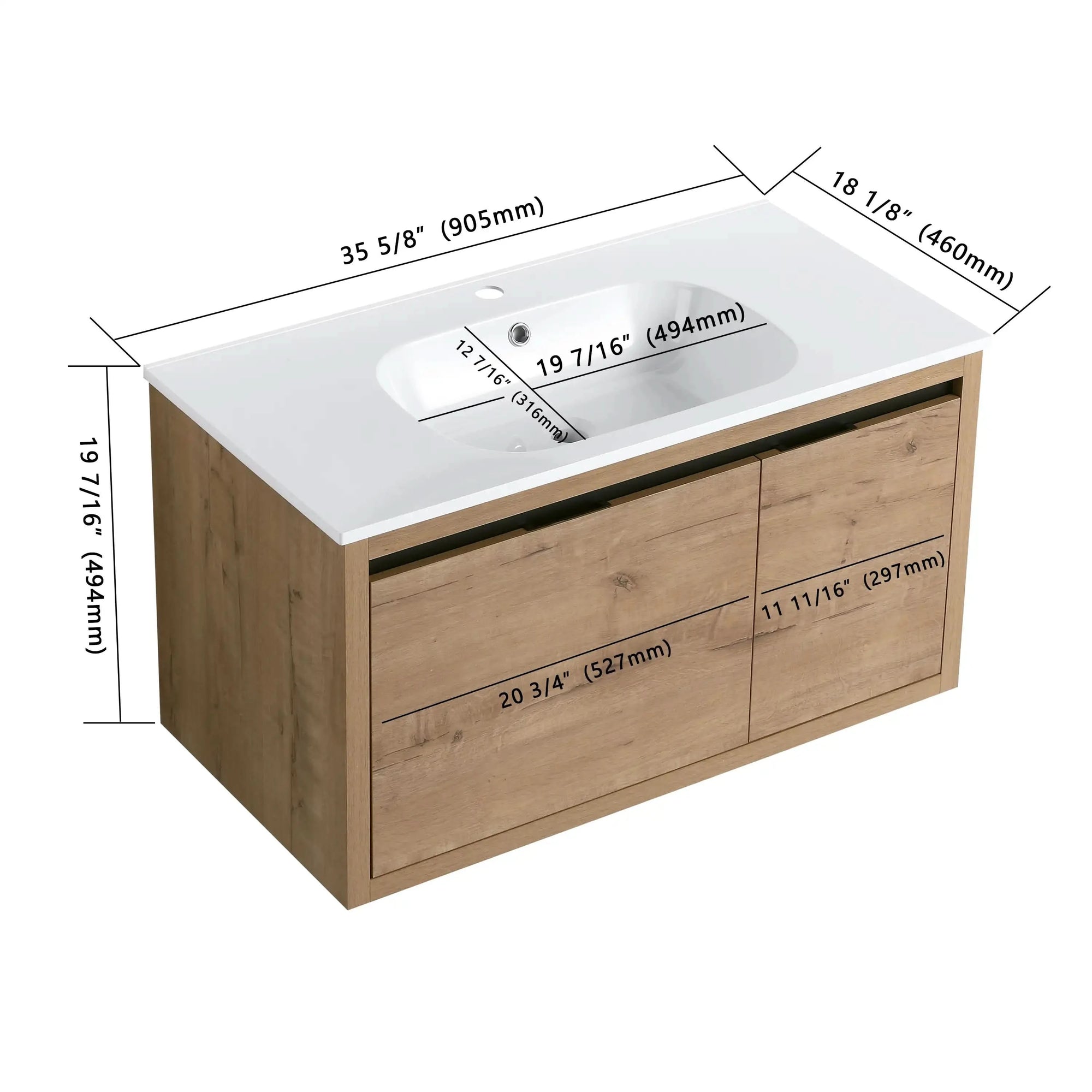 36 Inch Wall-Mounted Bathroom Vanity with Gel Sink – Modern & Space-Saving Design color: Imitative Oak