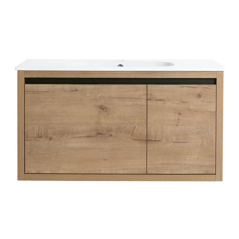 36 Imitative Oak Inch Wall-Mounted Bathroom Vanity with Gel Sink – Modern & Space-Saving Design