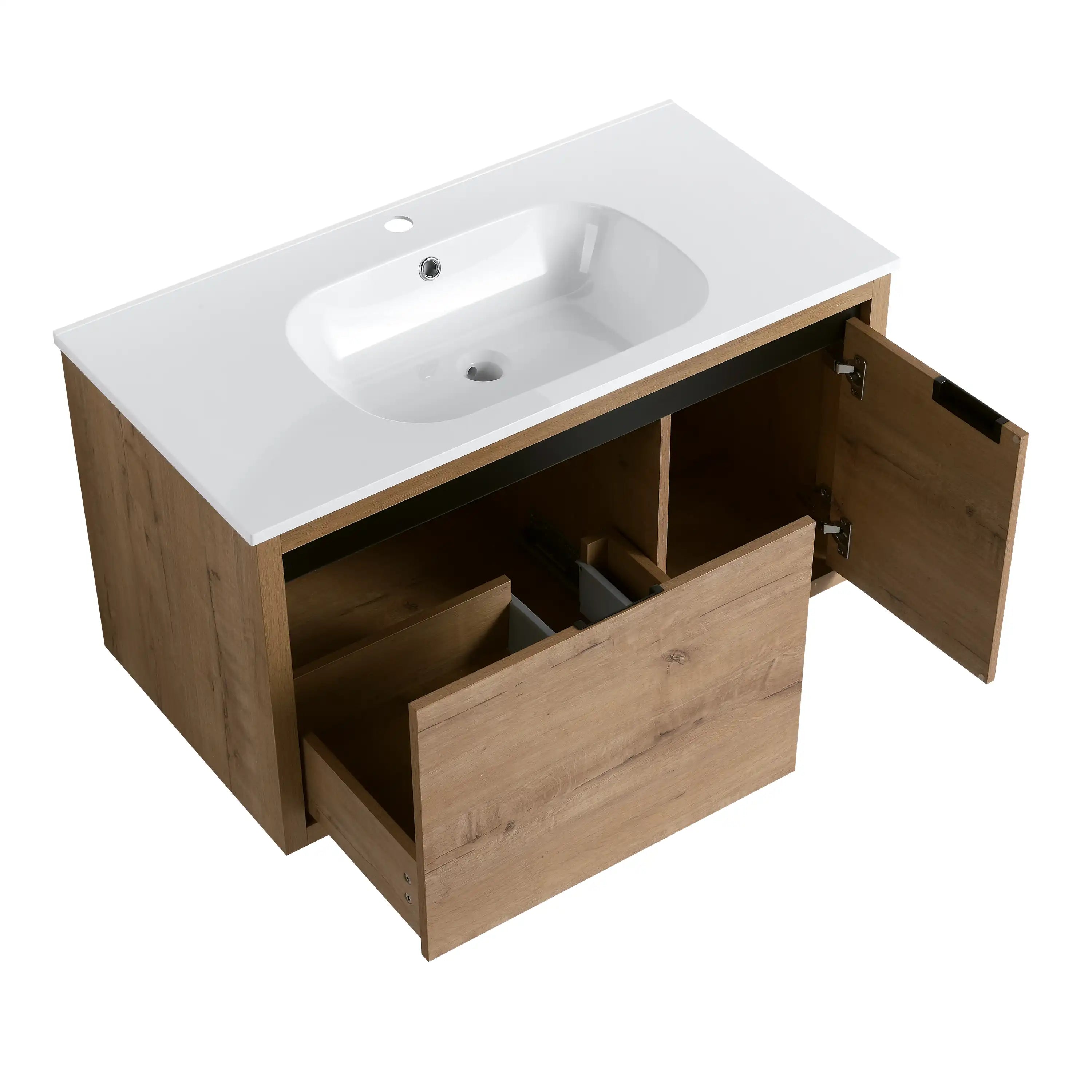 36 Imitative Oak Inch Wall-Mounted Bathroom Vanity with Gel Sink – Modern & Space-Saving Design