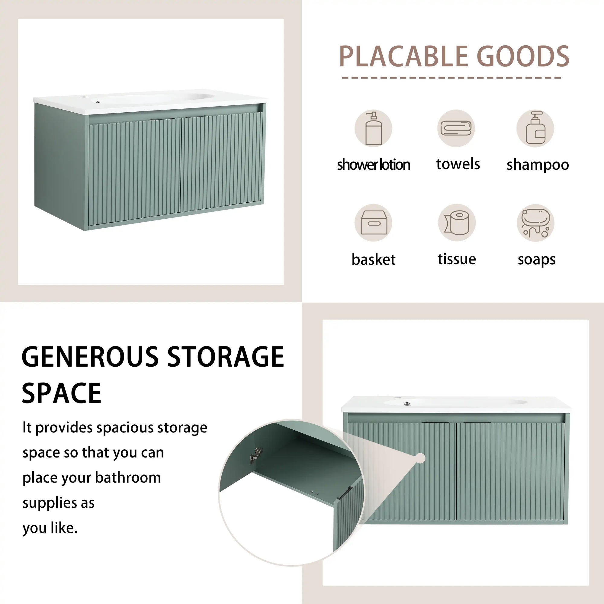 36" vanity bathroom 36 inch generous storage space feature graphic | Ace Decor