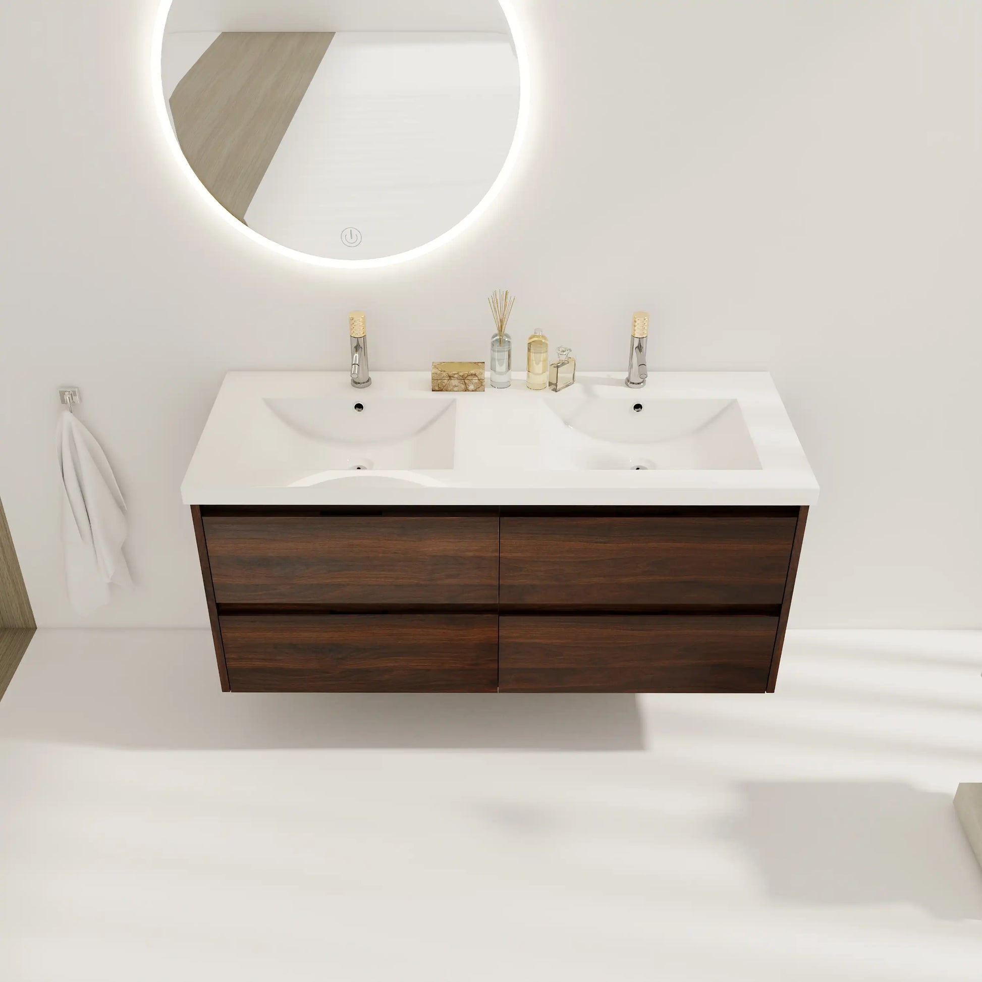 48 Inch Bathroom Vanity with Dual Resin Sinks & Soft Close Drawers color: California Walnut