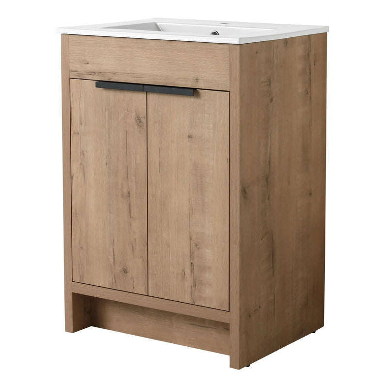 24", 30" or 36" Imitative Oak Freestanding Bathroom Vanity with Black or White Sink & Soft Close Doors