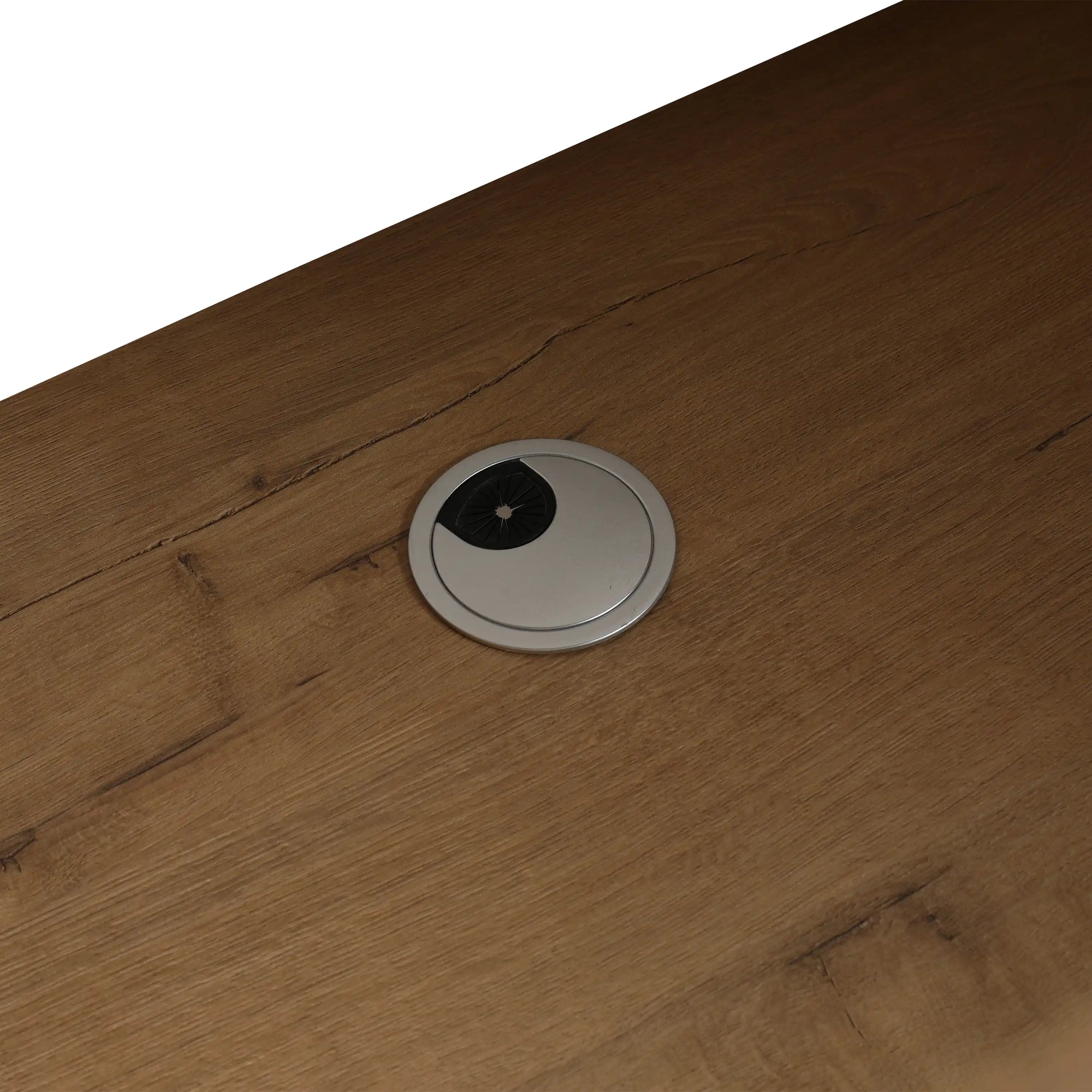Close-up of cable management grommet on 30 inch vanity with sink in imitative oak, 30" | Ace Decor