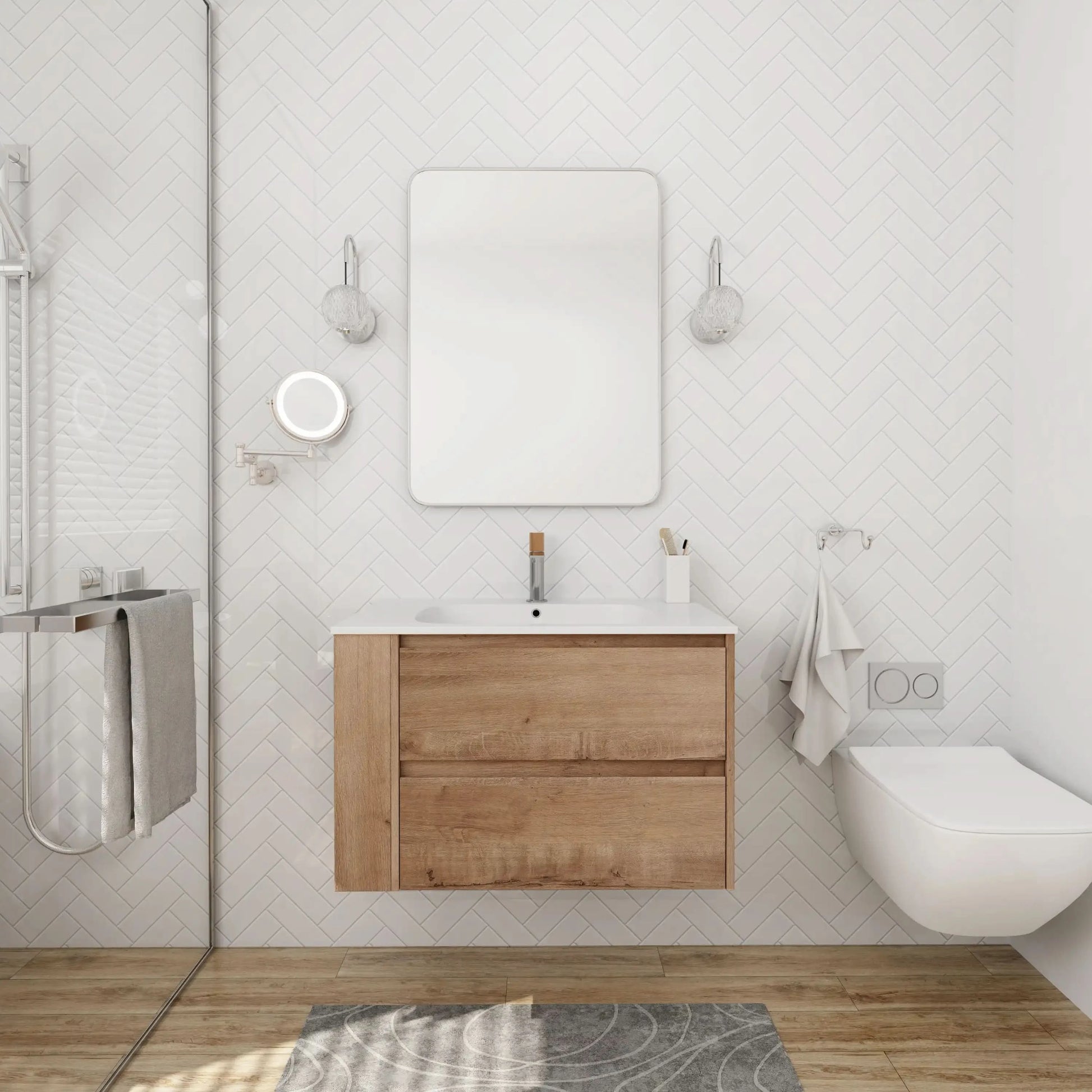 Wall-Mounted Bathroom Vanity with Gel Sink & Soft Close Drawers color: Imitative Oak