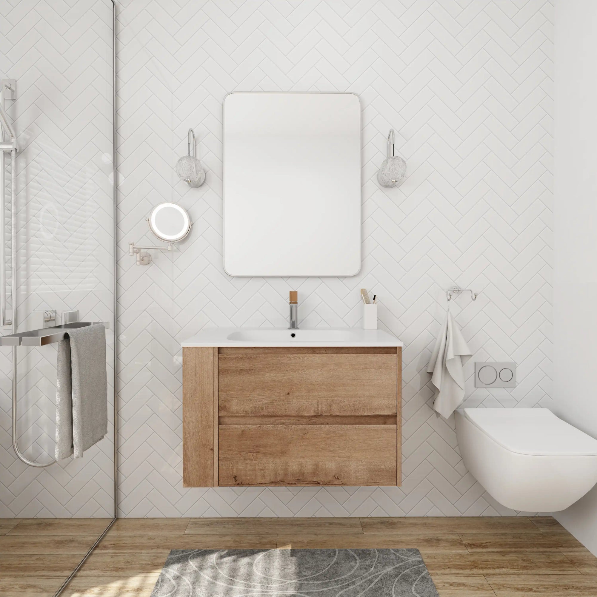 30" bathroom sink vanity with drawers installed with mirror in modern minimalist bathroom setting | Ace Decor