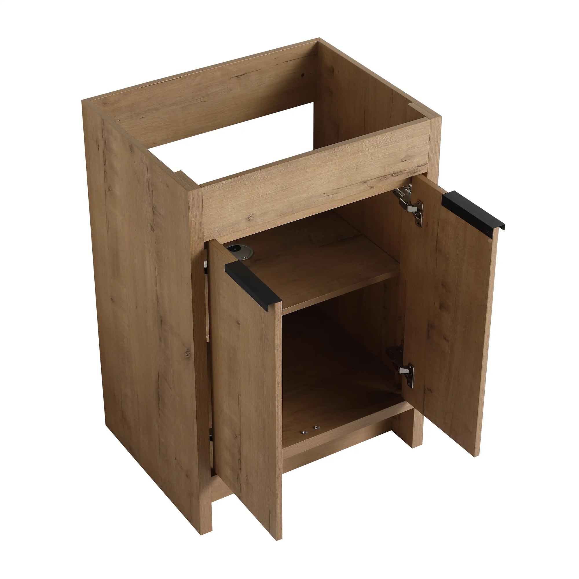 Open cabinet view of freestanding 24 inch bathroom vanity with sink, 24" interior storage | Ace Decor