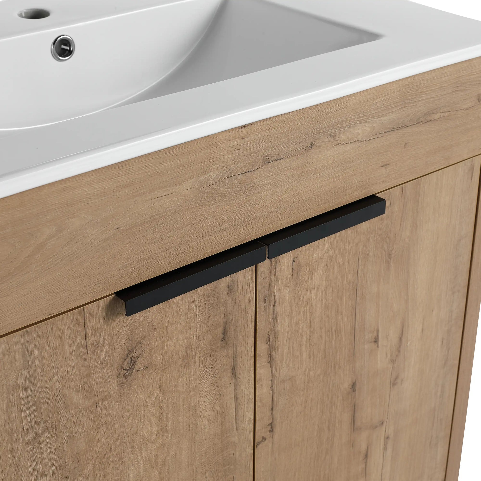 Detail of metal handle and white integrated sink on 30 inch vanity with sink, 30" | Ace Decor