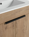 Detail of metal handle and white integrated sink on 30 inch vanity with sink, 30" | Ace Decor