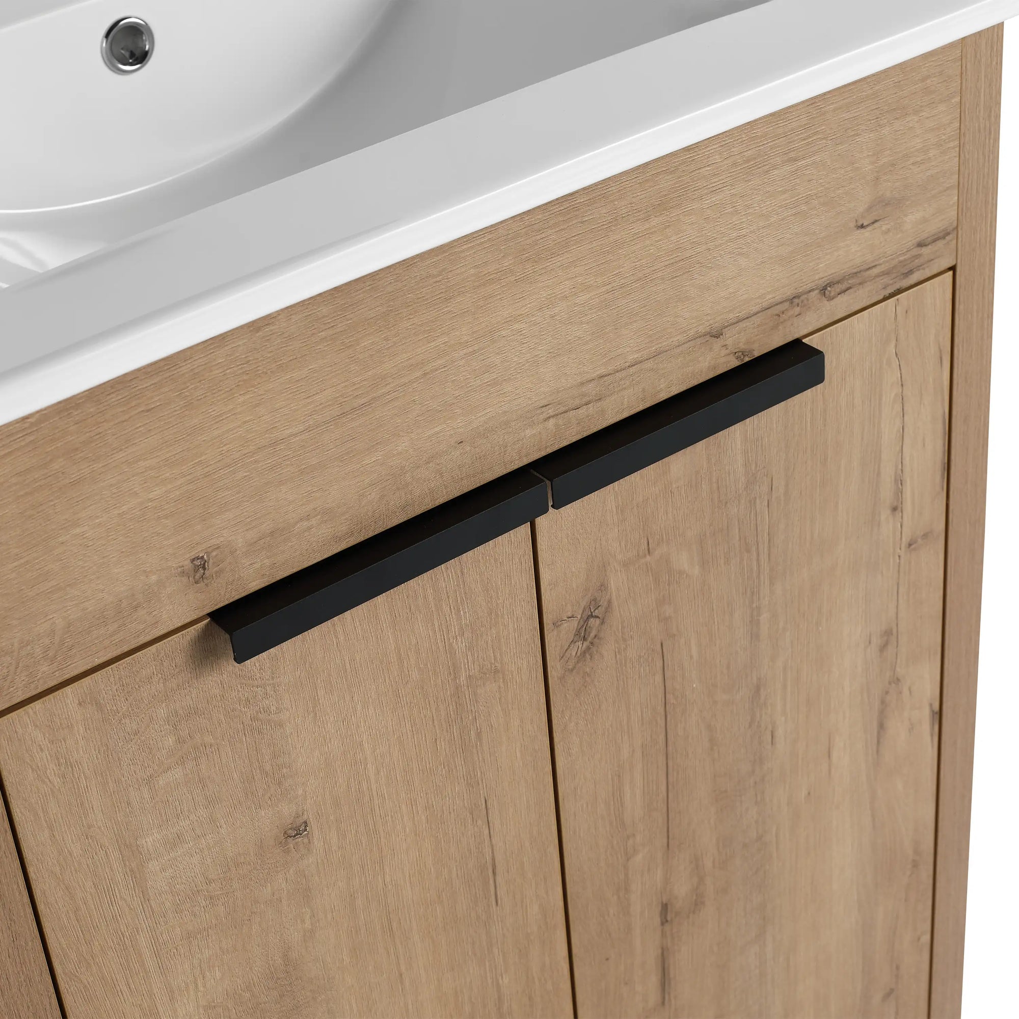 Black metal handle detail on freestanding 24 inch bathroom vanity with sink, 24" | Ace Decor