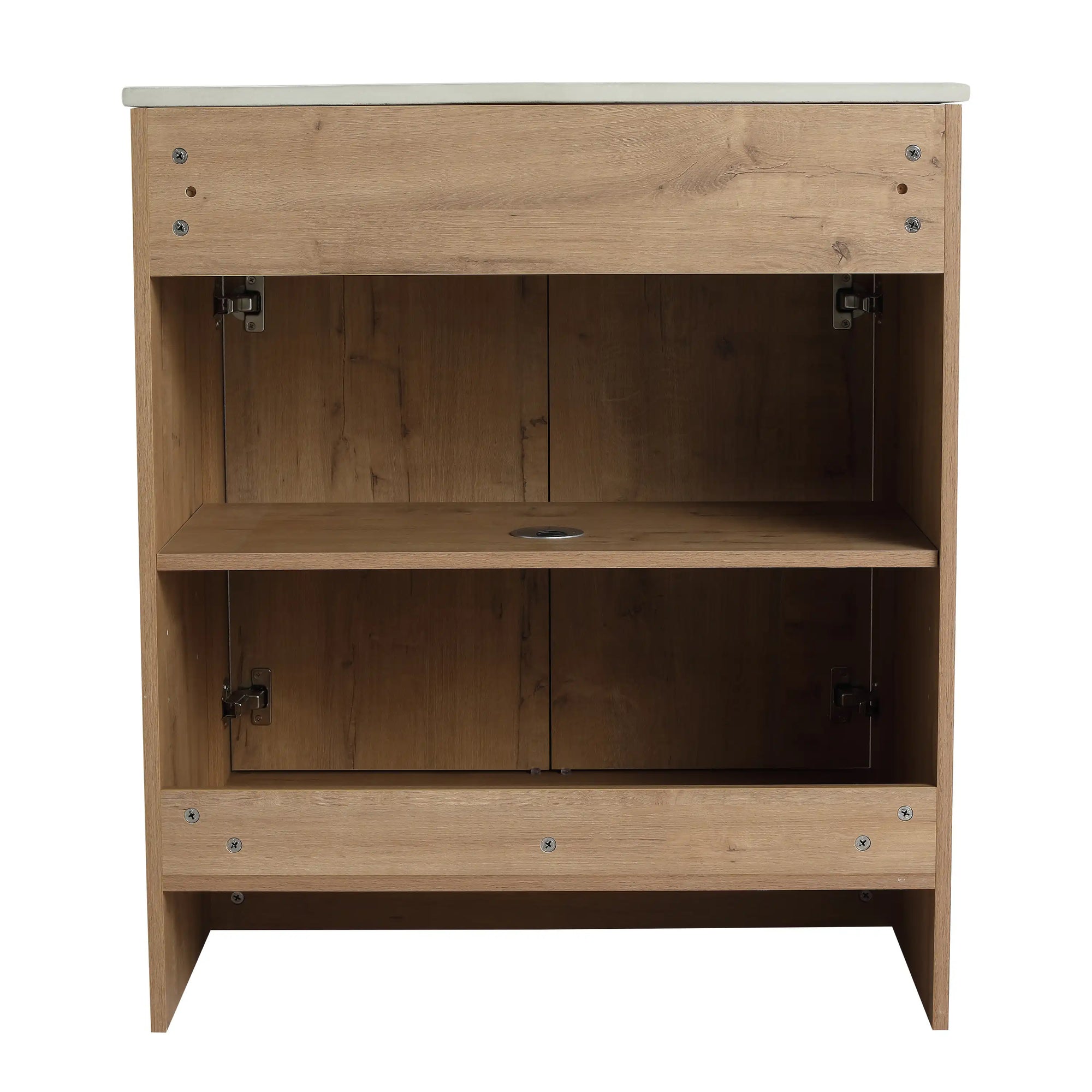 30 inch vanity with sink rear interior view showing shelf and plumbing access, freestanding 30" vanity | Ace Decor