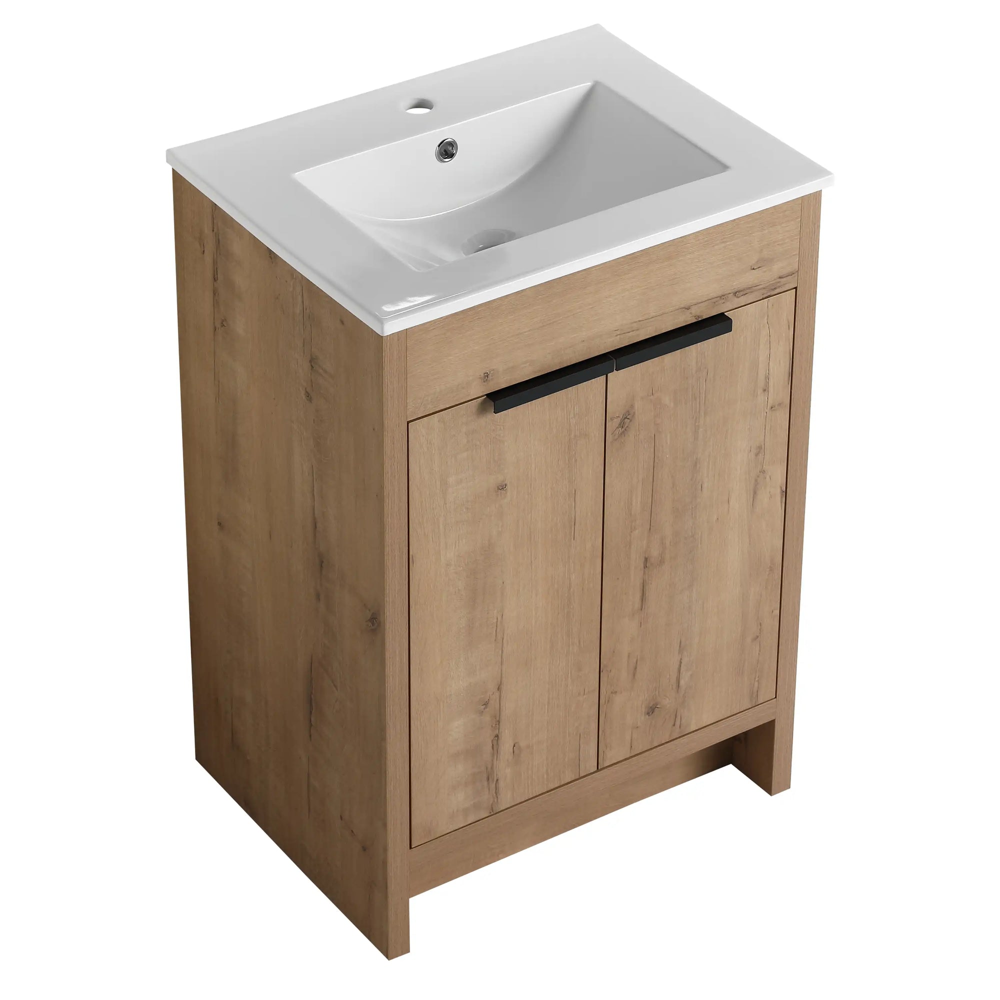 Angled view of freestanding 24 inch bathroom vanity with sink, 24" imitative oak finish | Ace Decor