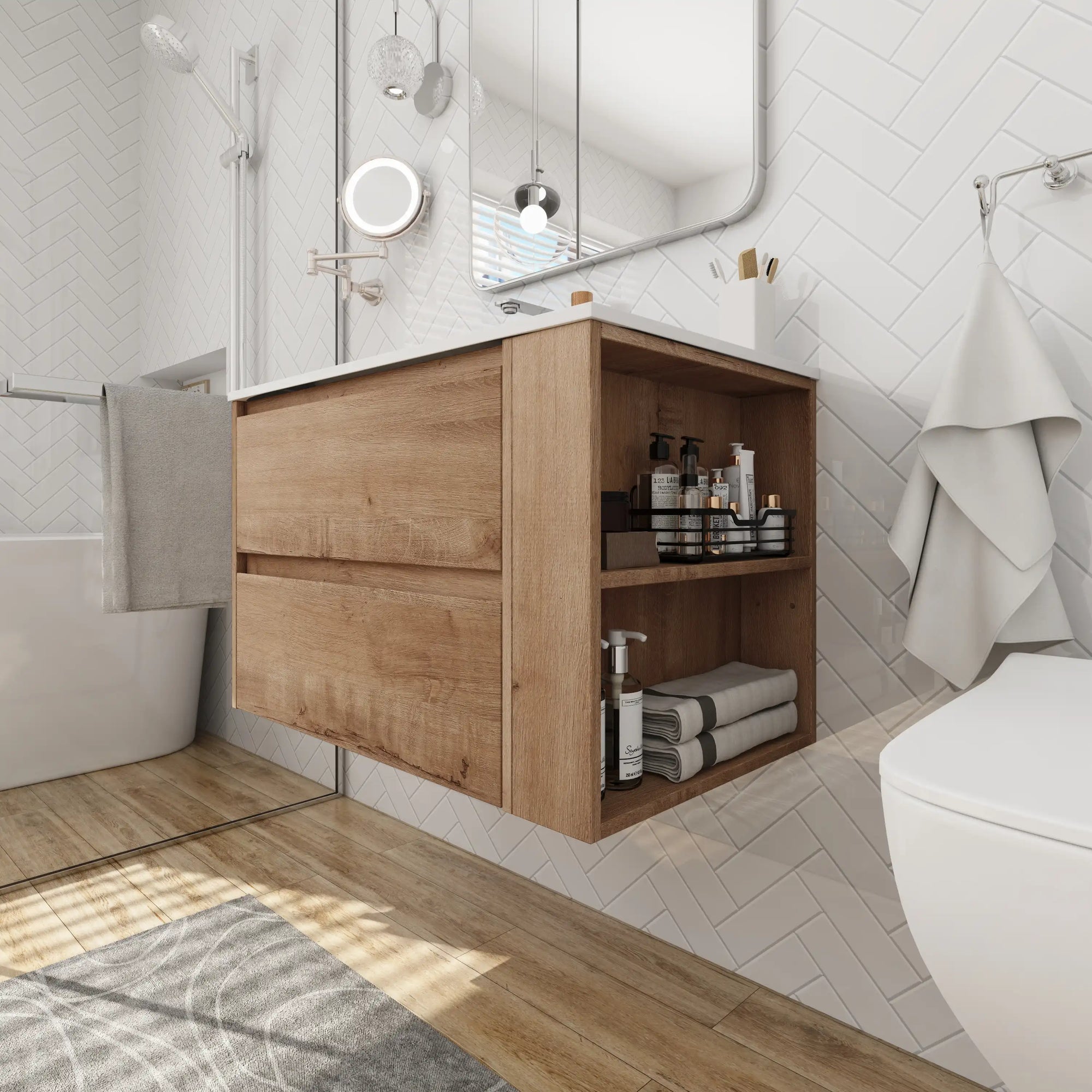 30" bathroom sink vanity with drawers installed in modern bathroom with floating wall-mounted design and side open shelves | Ace Decor