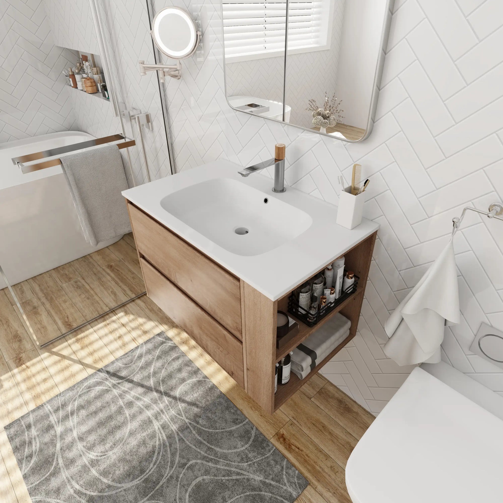 30" bathroom sink vanity with drawers featuring integrated gel basin and side storage shelf view | Ace Decor