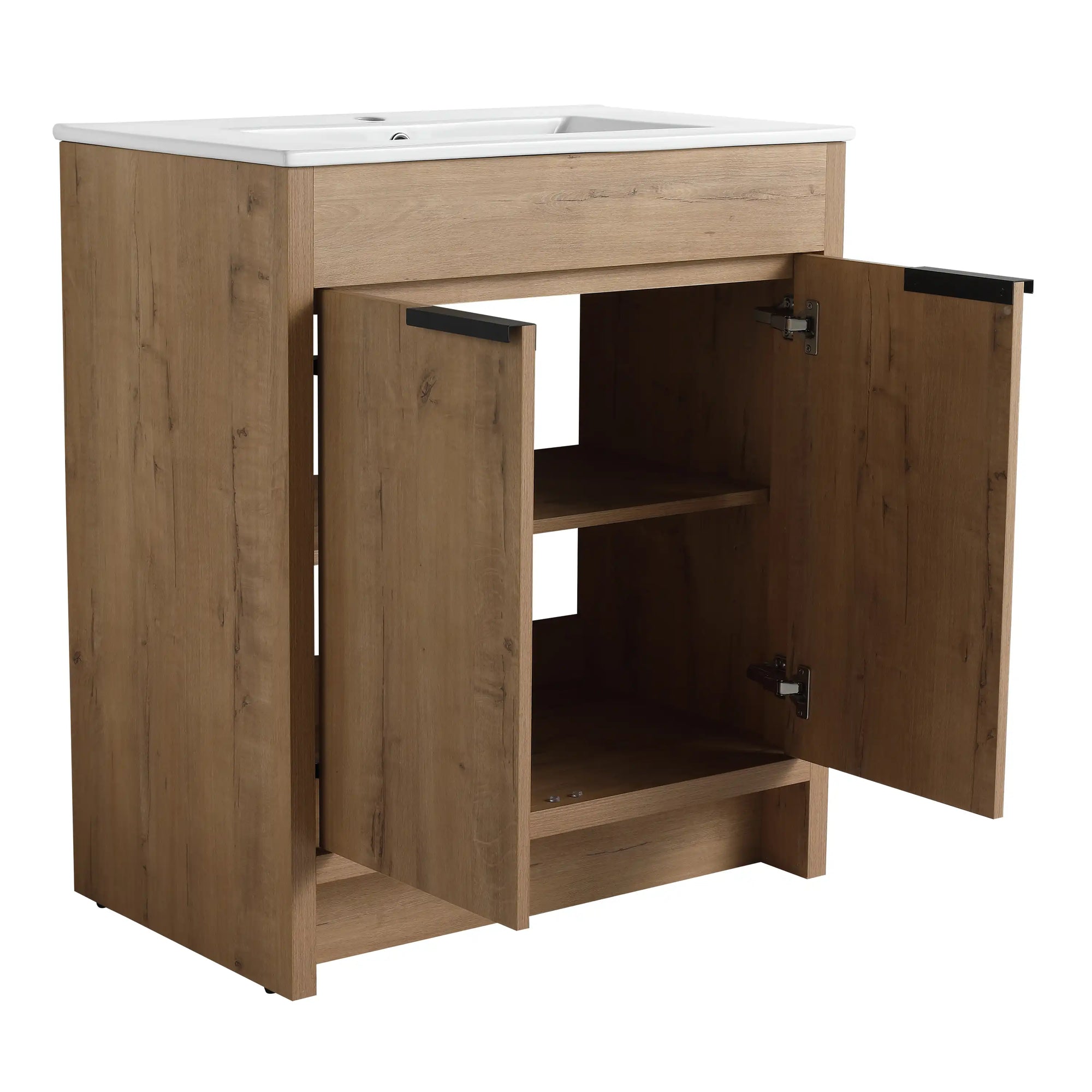 30 inch vanity with sink open-door view highlighting interior storage space, modern 30" bathroom vanity | Ace Decor