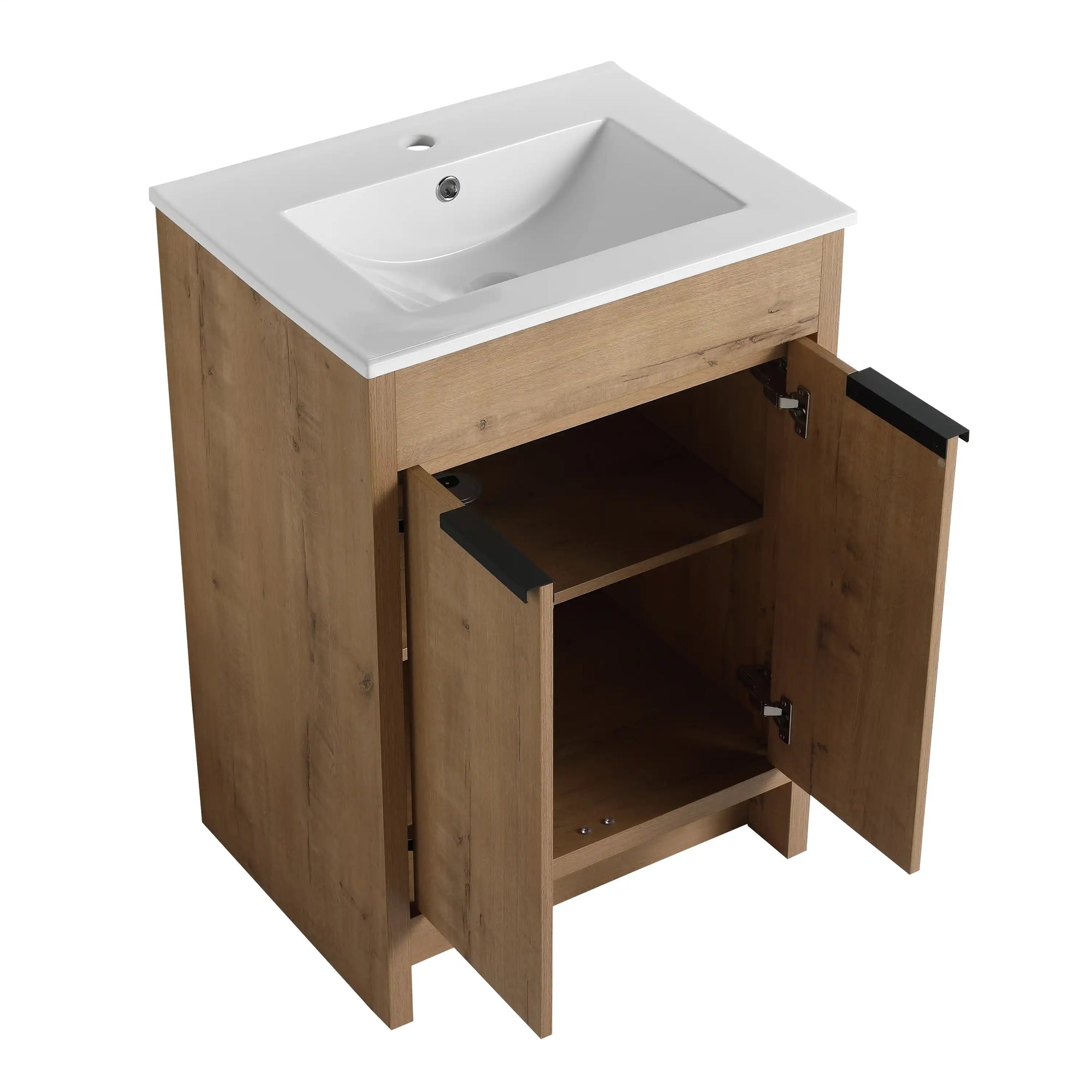 Angled open cabinet view of freestanding 24 inch bathroom vanity with sink, 24" | Ace Decor
