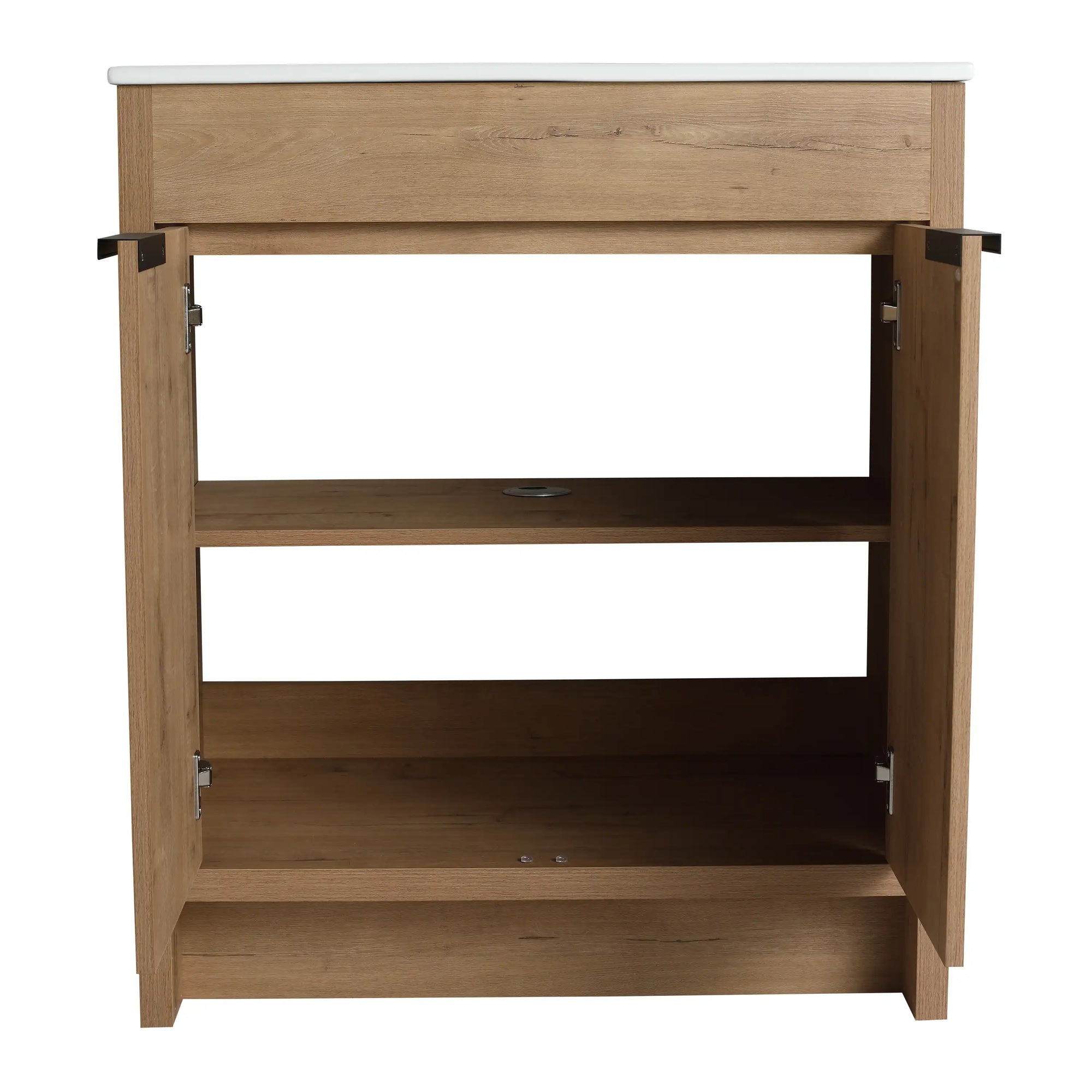30 inch vanity with sink with open cabinet storage, imitative oak finish, 30" bathroom vanity interior view | Ace Decor