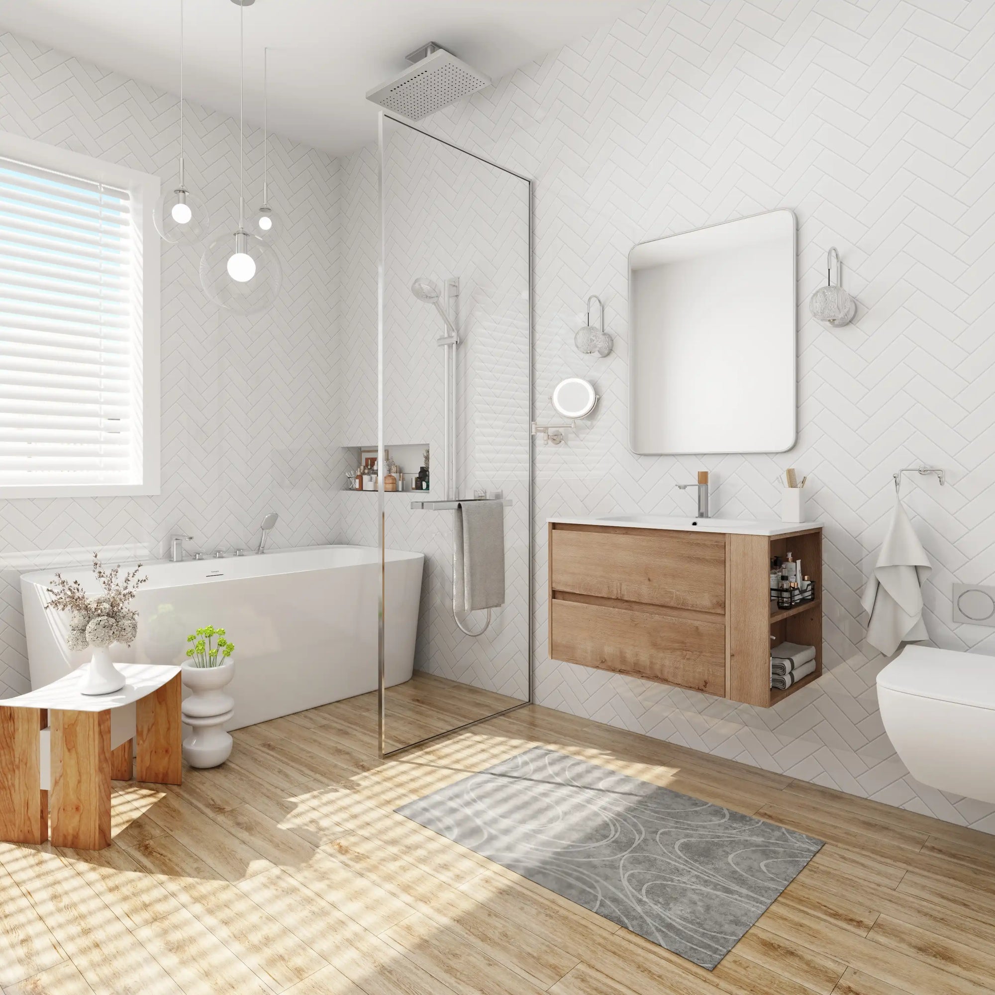 30" bathroom sink vanity with drawers in full modern bathroom layout with floating vanity design | Ace Decor