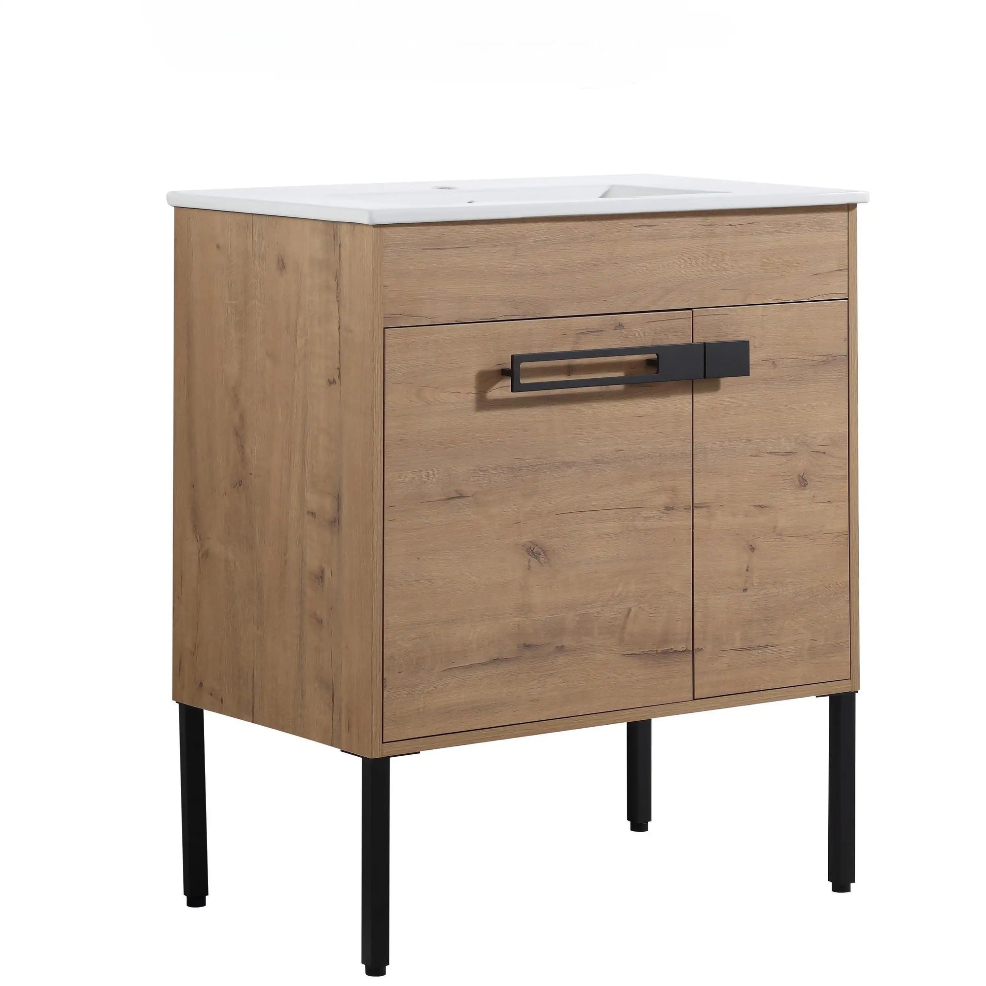 30" freestanding single bathroom vanity with sink featuring oak finish cabinet, black metal handle, and slim metal legs | Ace Decor