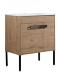 30" freestanding single bathroom vanity with sink featuring oak finish cabinet, black metal handle, and slim metal legs | Ace Decor