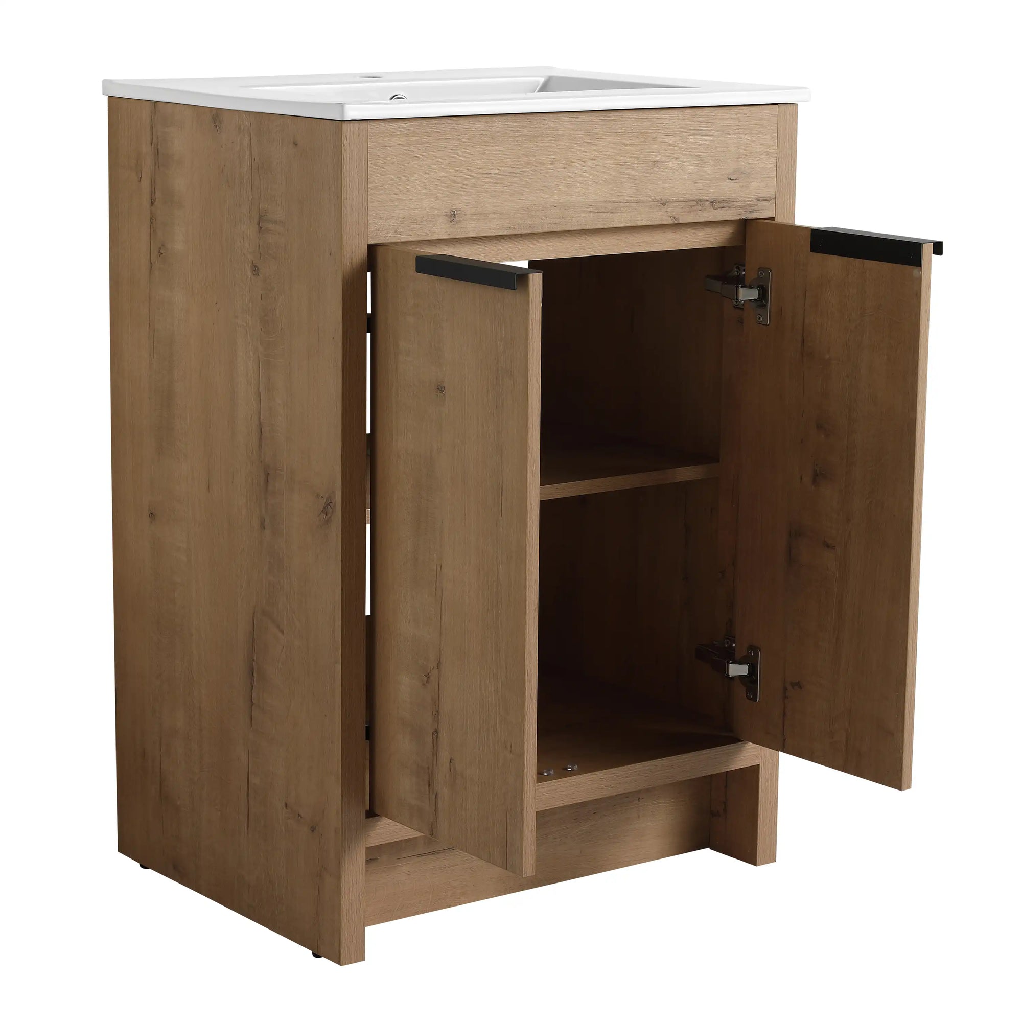Open door view of freestanding 24 inch bathroom vanity with sink, 24" cabinet storage | Ace Decor