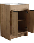 Open door view of freestanding 24 inch bathroom vanity with sink, 24" cabinet storage | Ace Decor