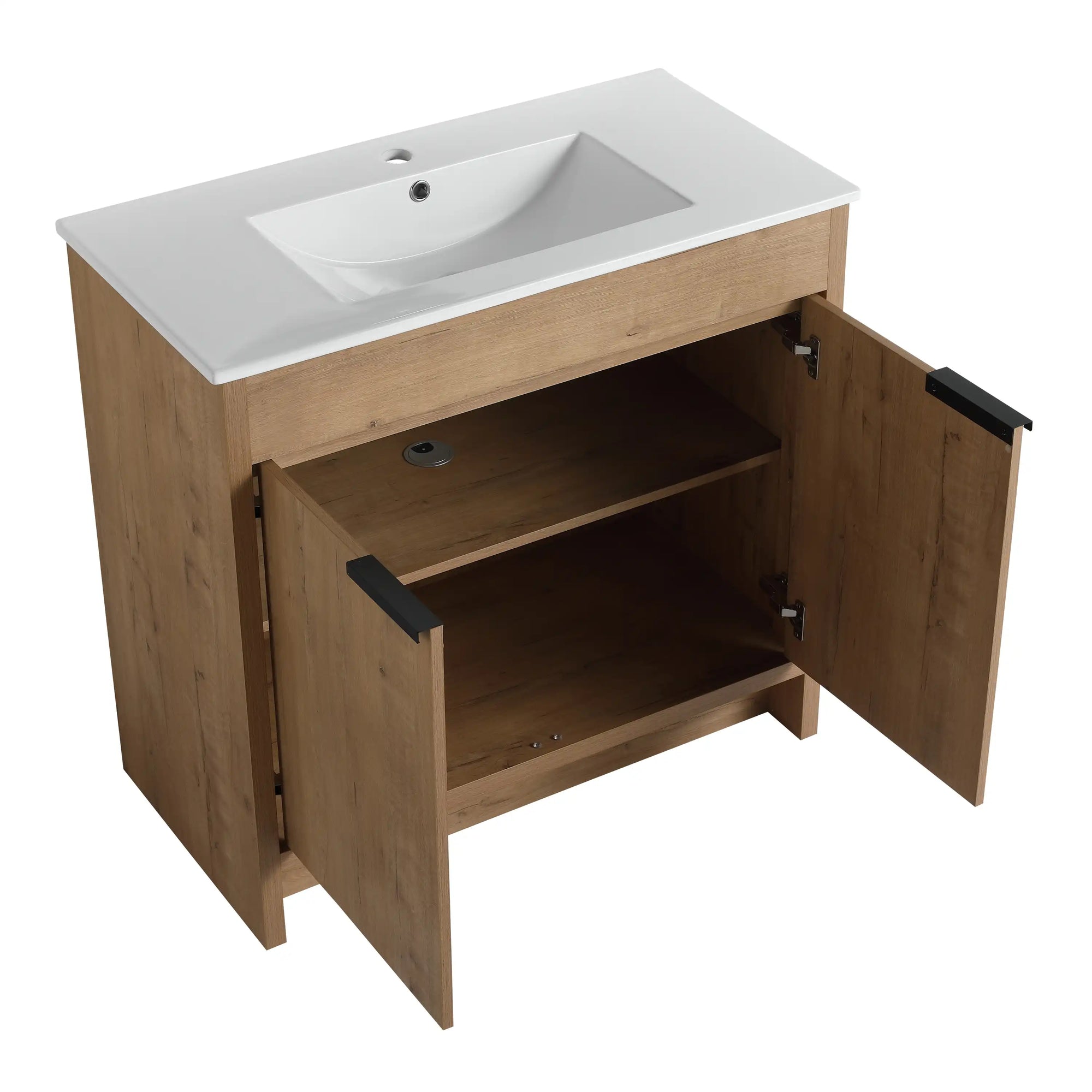 36" imitative oak vanity with white ceramic sink and black hardware, angled view | 36 inch vanity with sink | Ace Decor