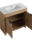 36" imitative oak vanity with white ceramic sink and black hardware, angled view | 36 inch vanity with sink | Ace Decor