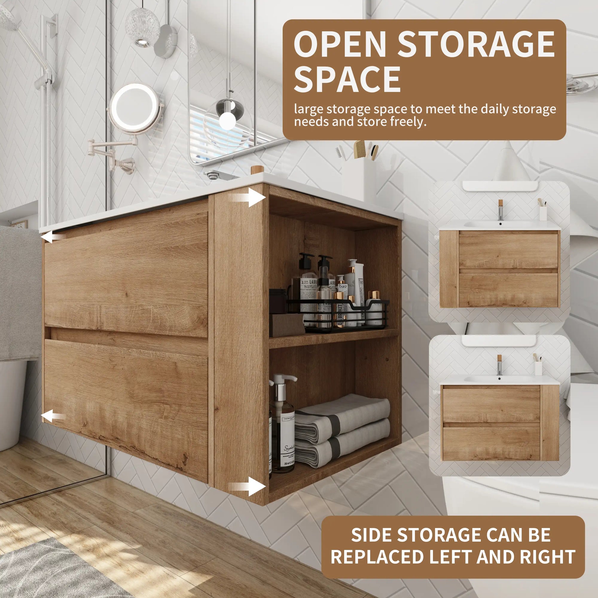 30" bathroom sink vanity with drawers featuring side open storage shelf and floating wall-mounted design | Ace Decor