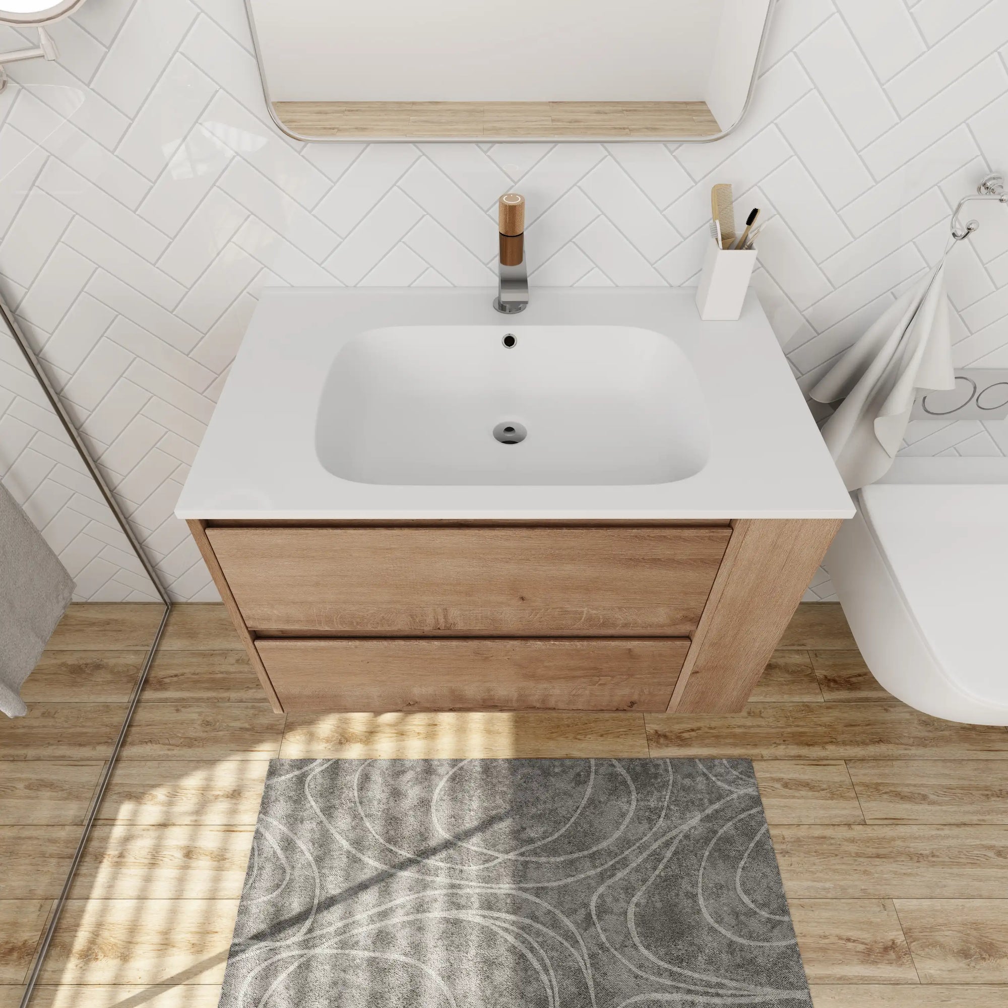 Elmcrest Series 30" Wall-Mounted Bathroom Vanity with Sink, Oak Finish, 2 Drawers &amp; Side Storage Shelves