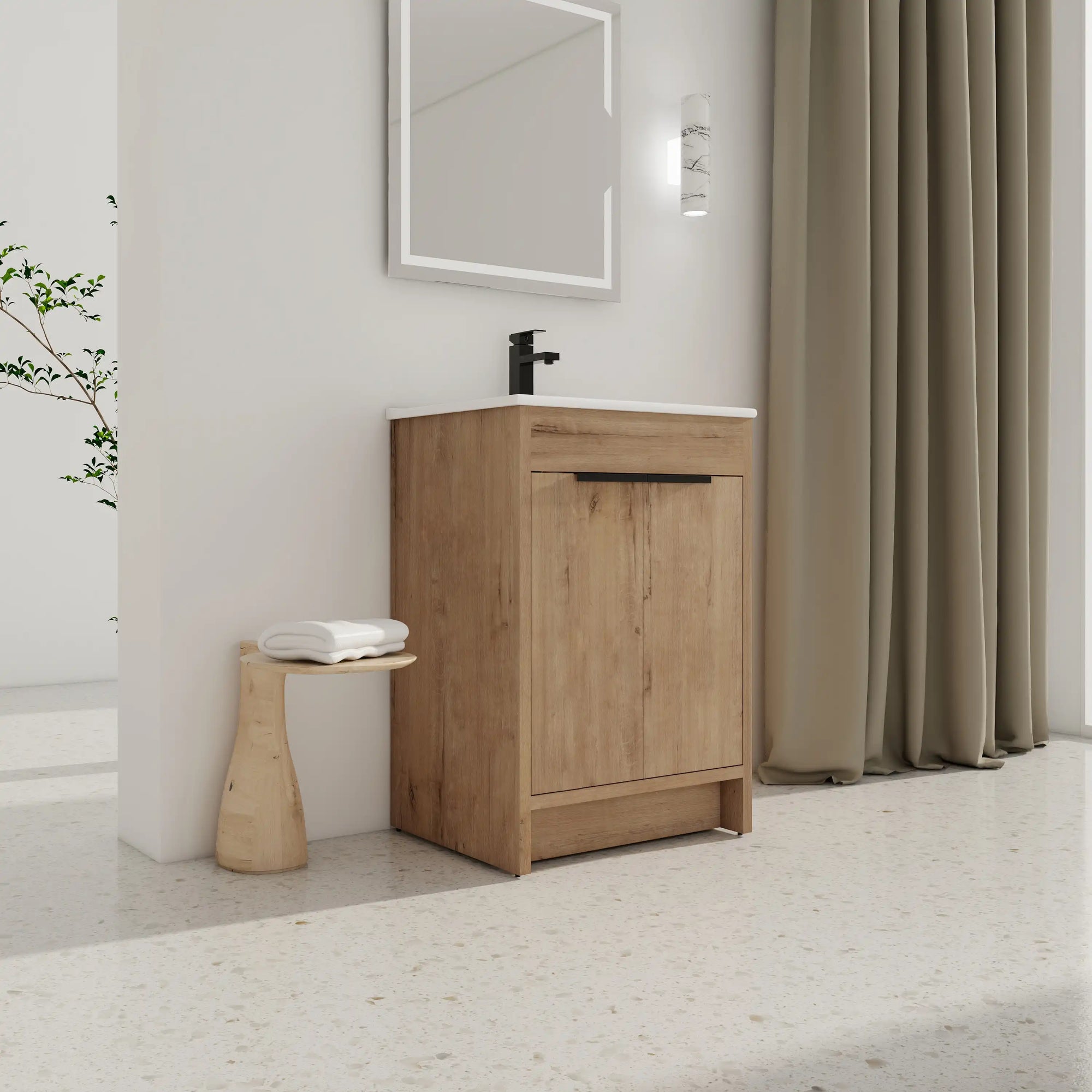 Bathroom setting with freestanding 24 inch bathroom vanity with sink, 24" oak finish | Ace Decor