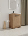 Bathroom setting with freestanding 24 inch bathroom vanity with sink, 24" oak finish | Ace Decor