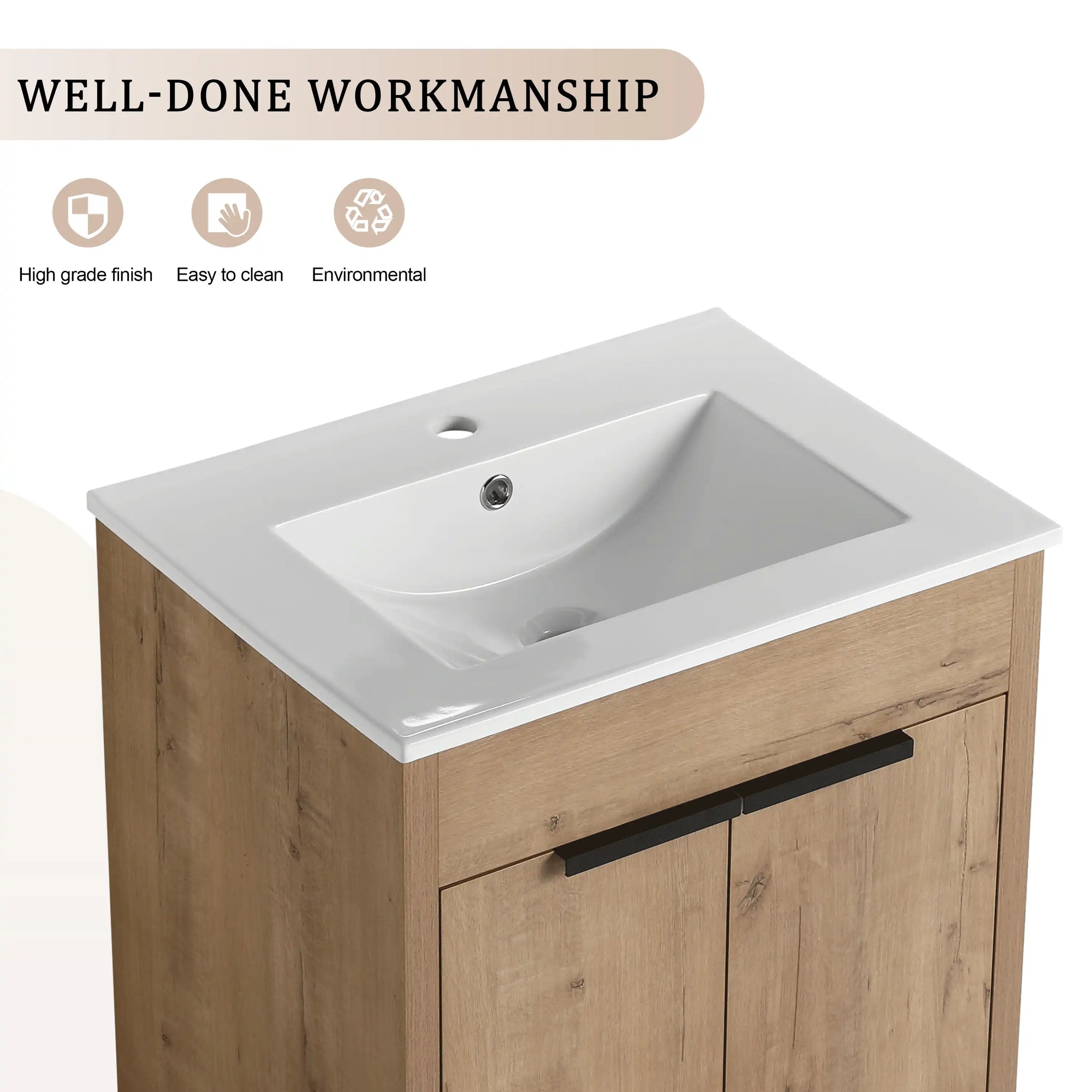 White integrated sink craftsmanship on freestanding 24 inch bathroom vanity with sink, 24" | Ace Decor