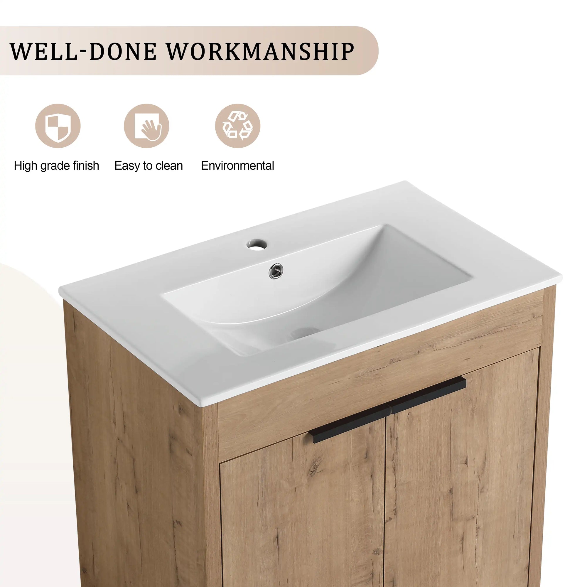 30 inch vanity with sink showing integrated white basin and wood cabinet detail, 30" | Ace Decor