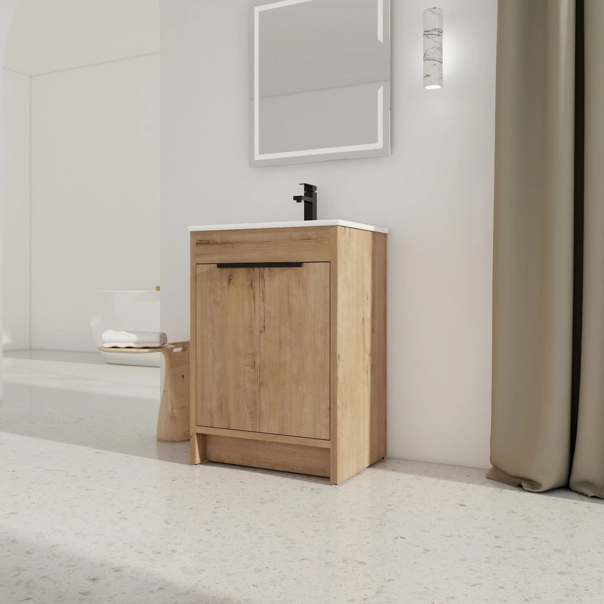 Minimalist interior with freestanding 24 inch bathroom vanity with sink, 24" in use | Ace Decor