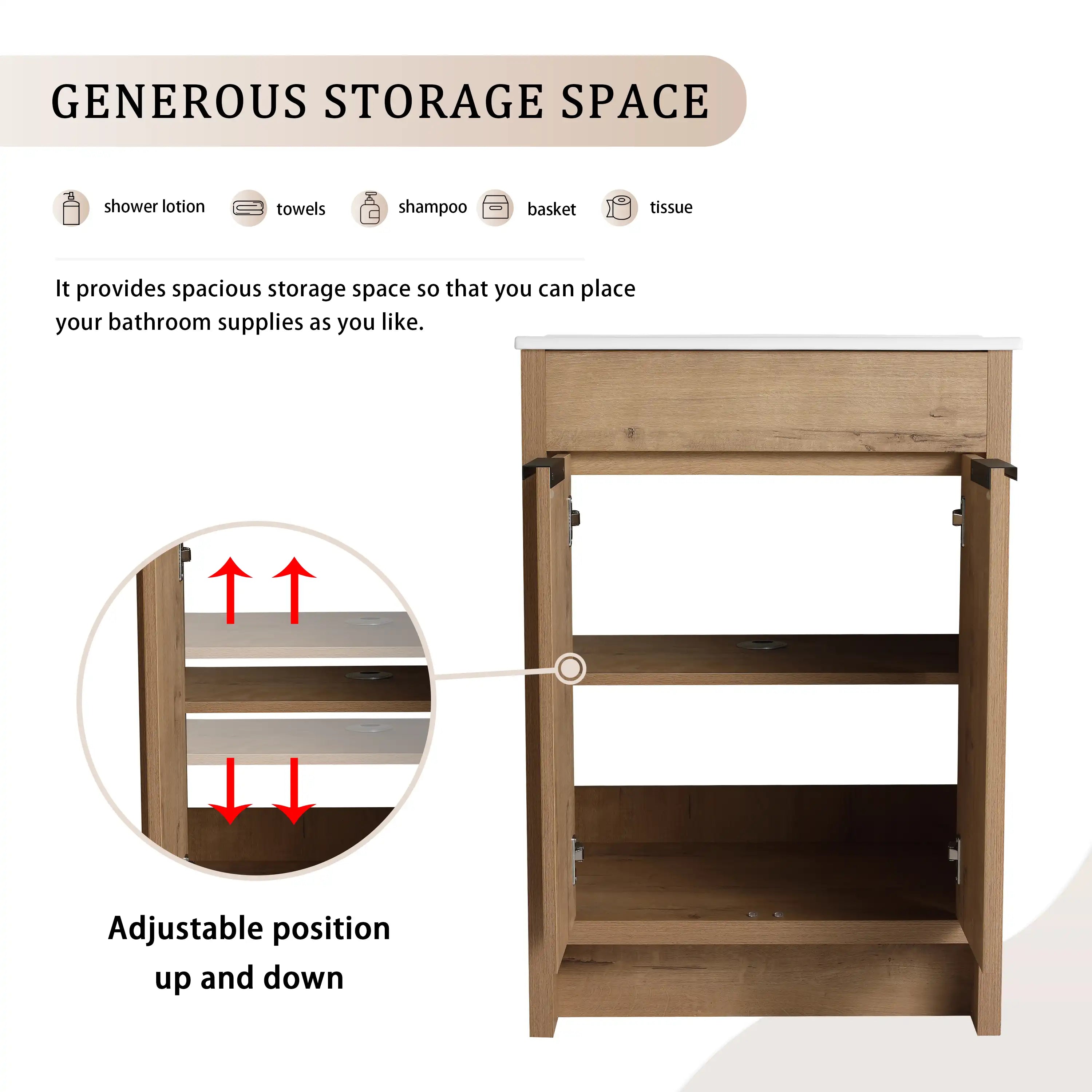 Adjustable interior storage of freestanding 24 inch bathroom vanity with sink, 24