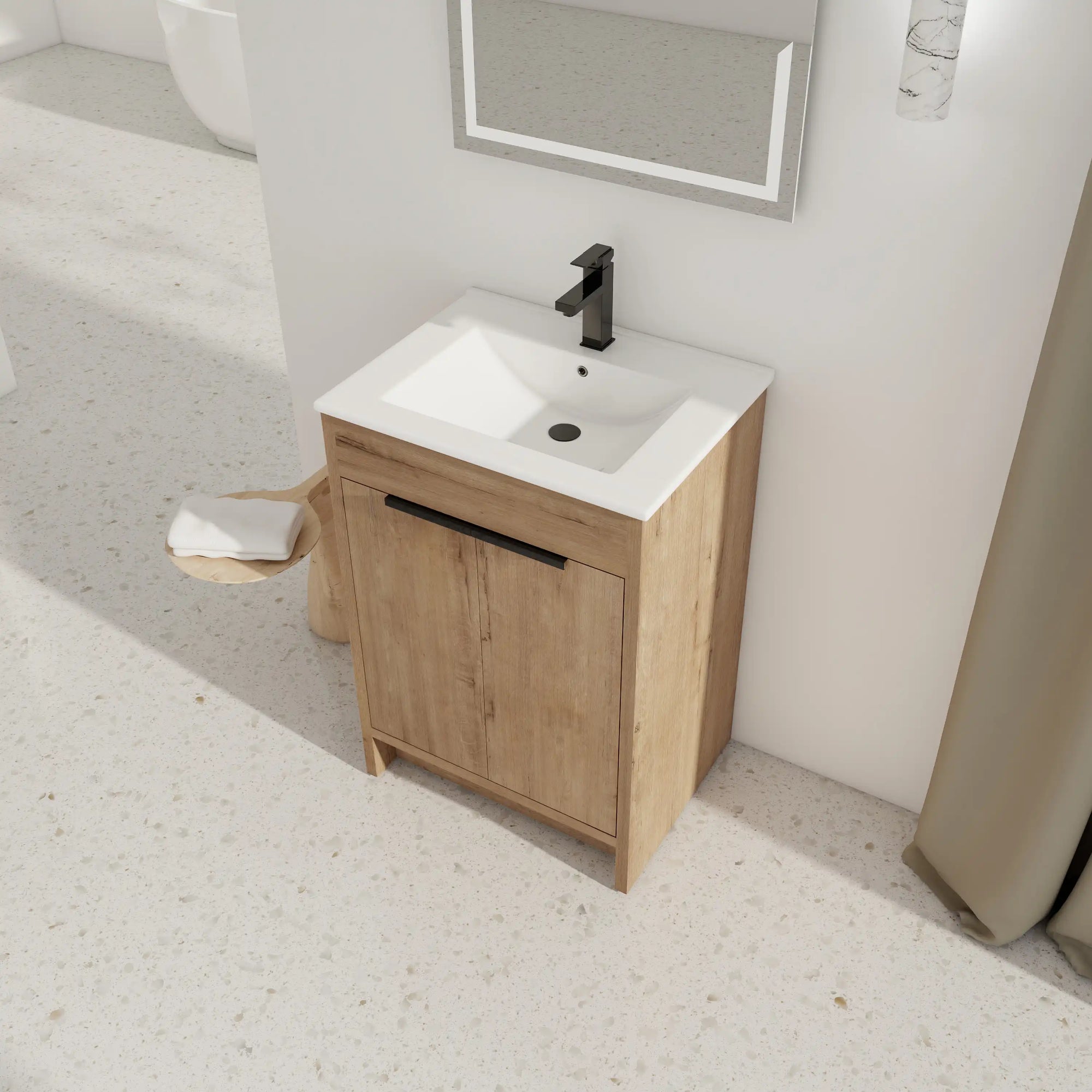 Modern bathroom scene with freestanding 24 inch bathroom vanity with sink, 24" oak finish | Ace Decor