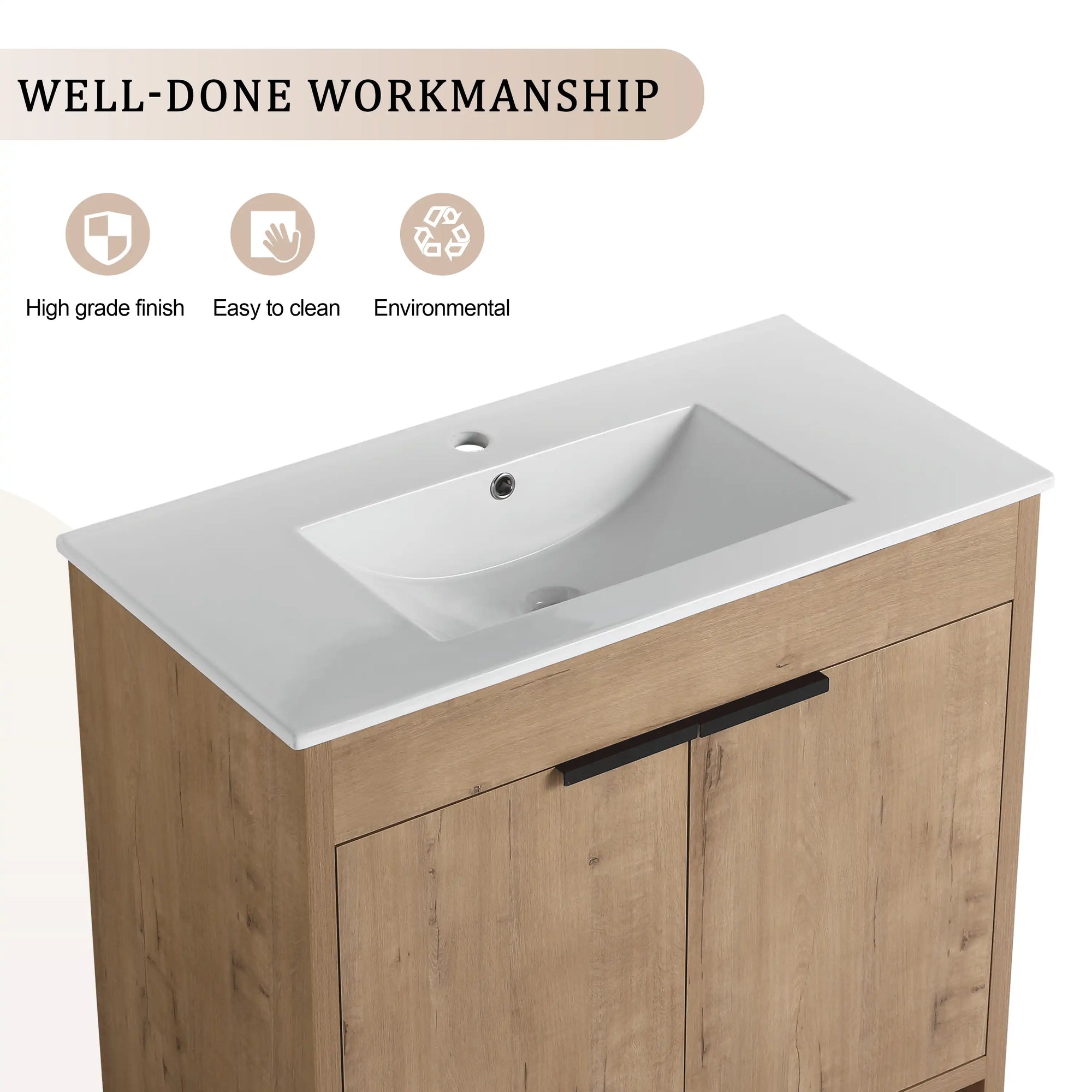 36" imitative oak freestanding vanity with white integrated sink, front view modern bathroom setup | Ace Decor