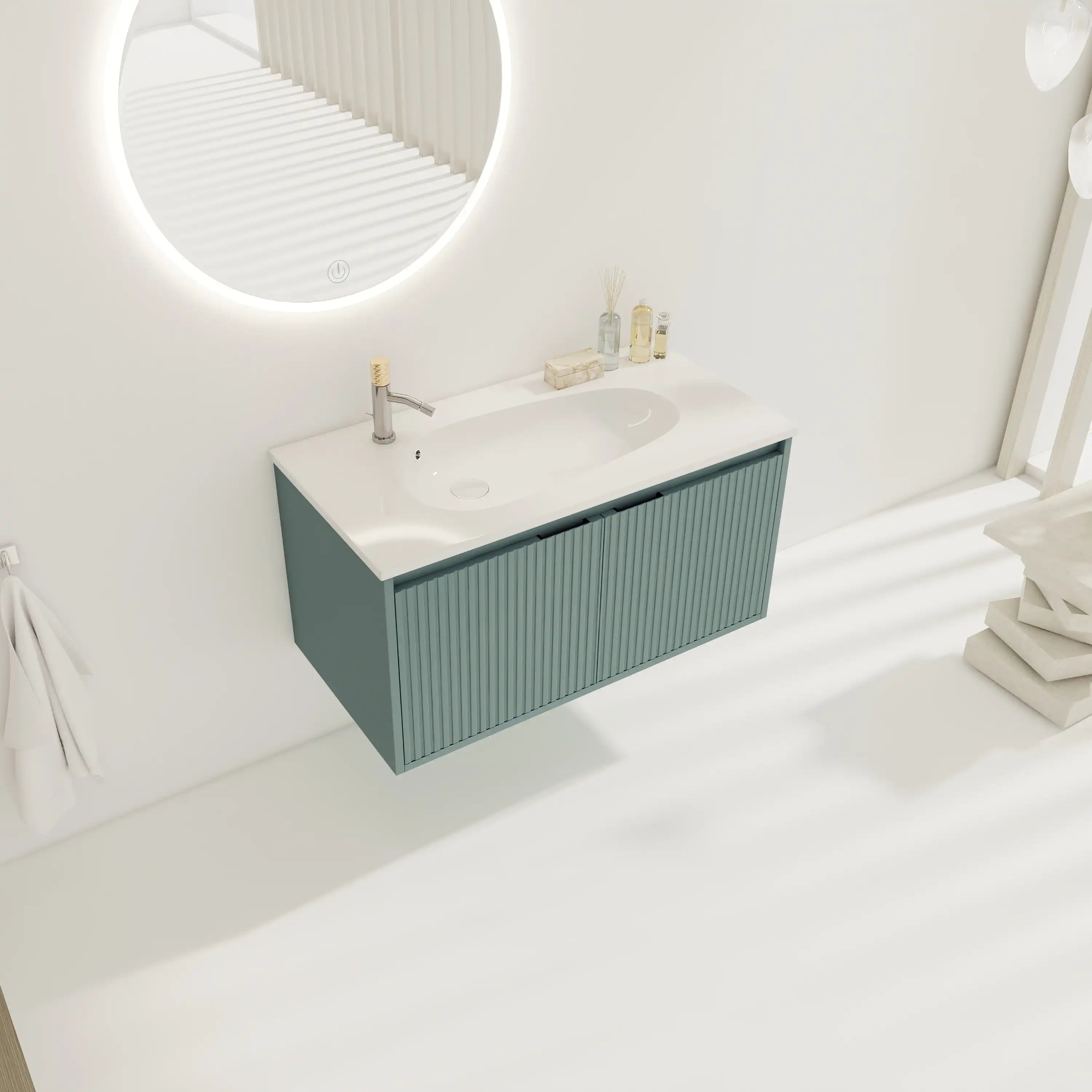 Angled view of Sage Flute 36" floating vanity with drop-shaped sink and chrome faucet in a bright bathroom setting.