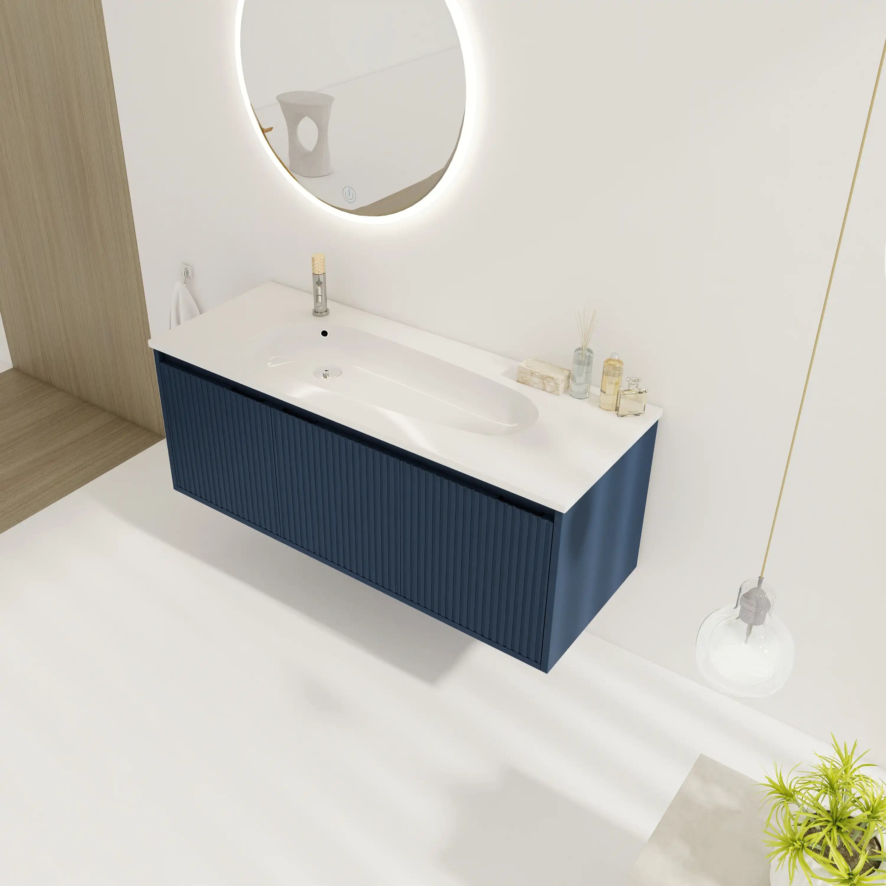 48" navy blue 48 inches bathroom vanity in styled bathroom view.
