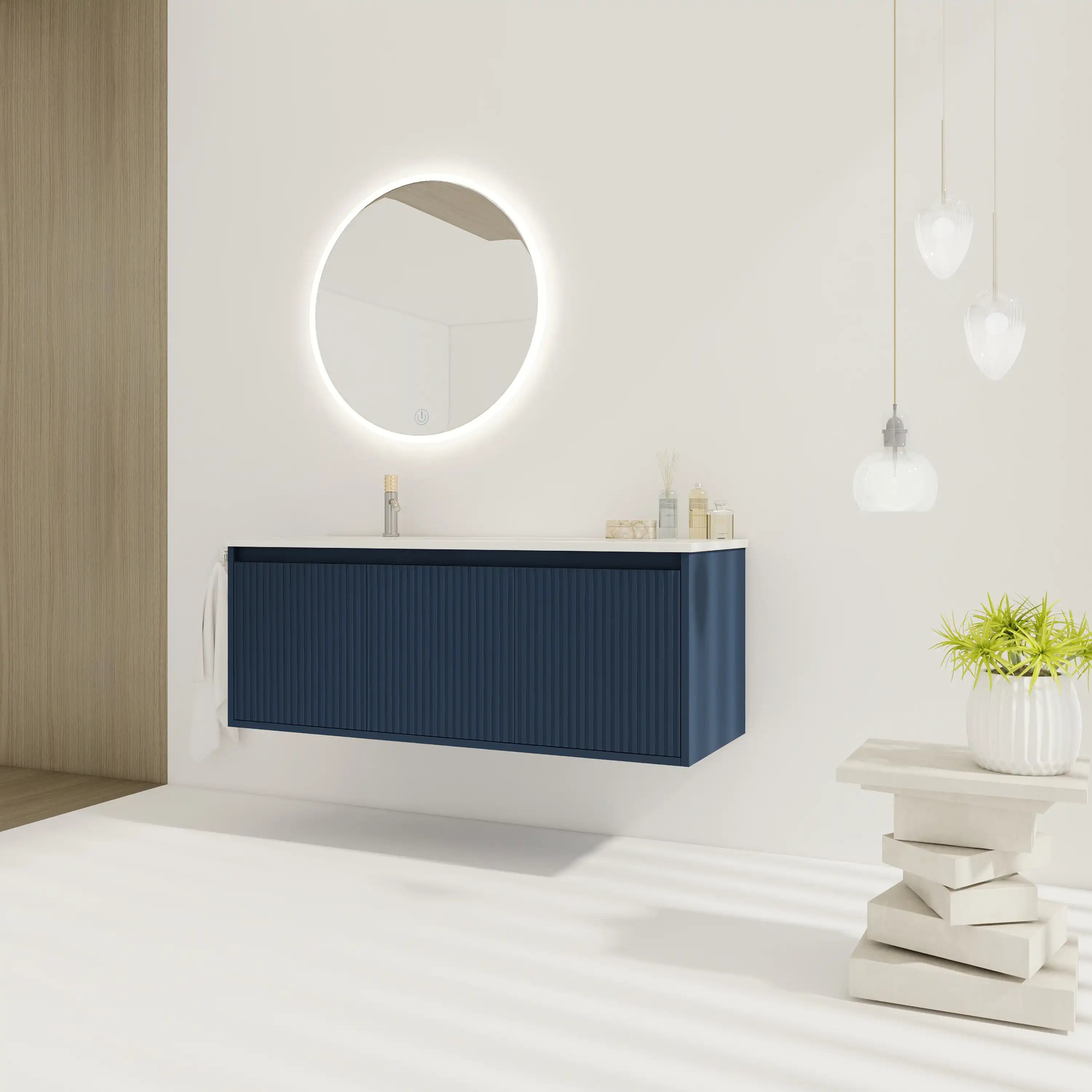 Navy blue 48 inches bathroom vanity in styled bathroom.