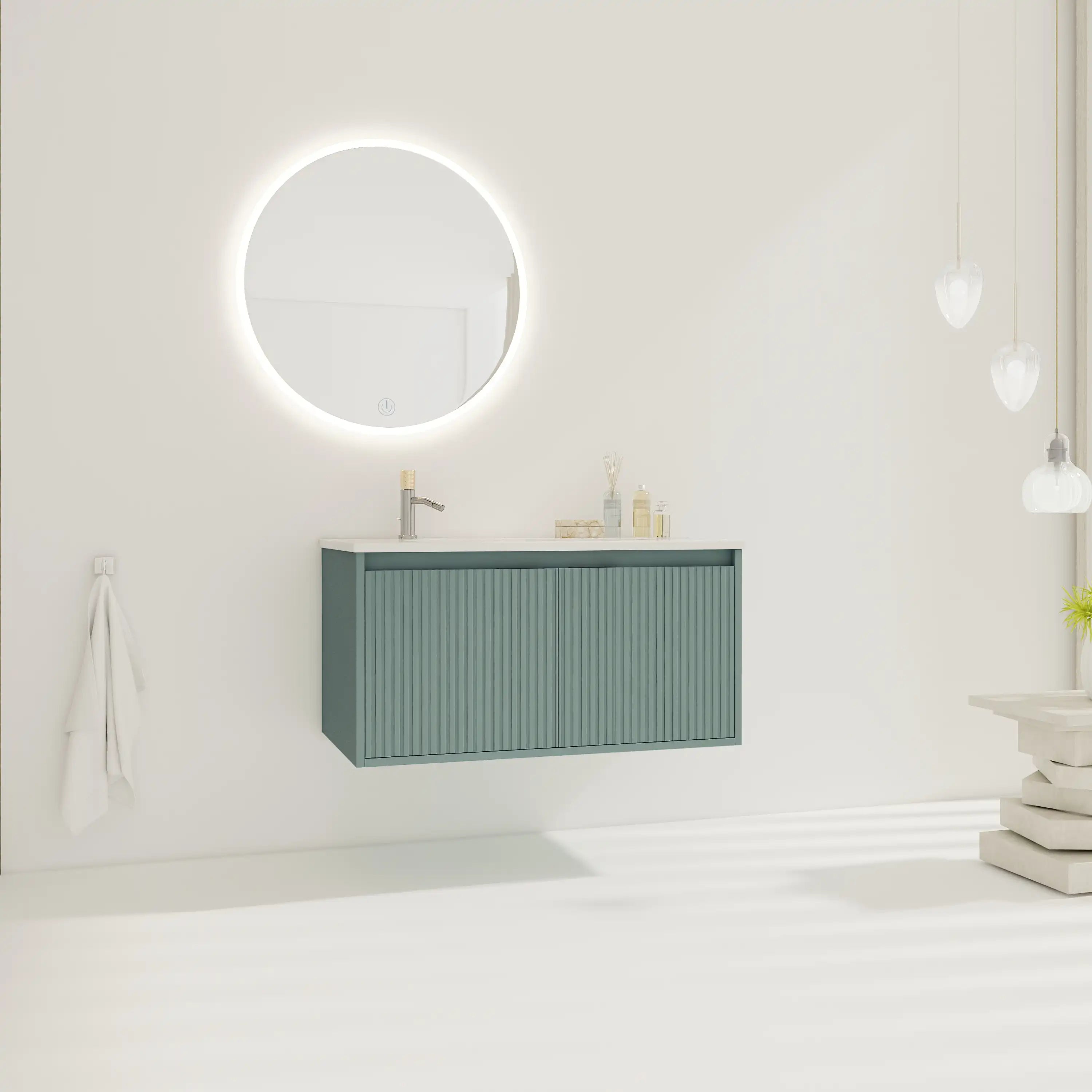 Sage Flute 36" floating bathroom vanity in a bright modern bathroom.